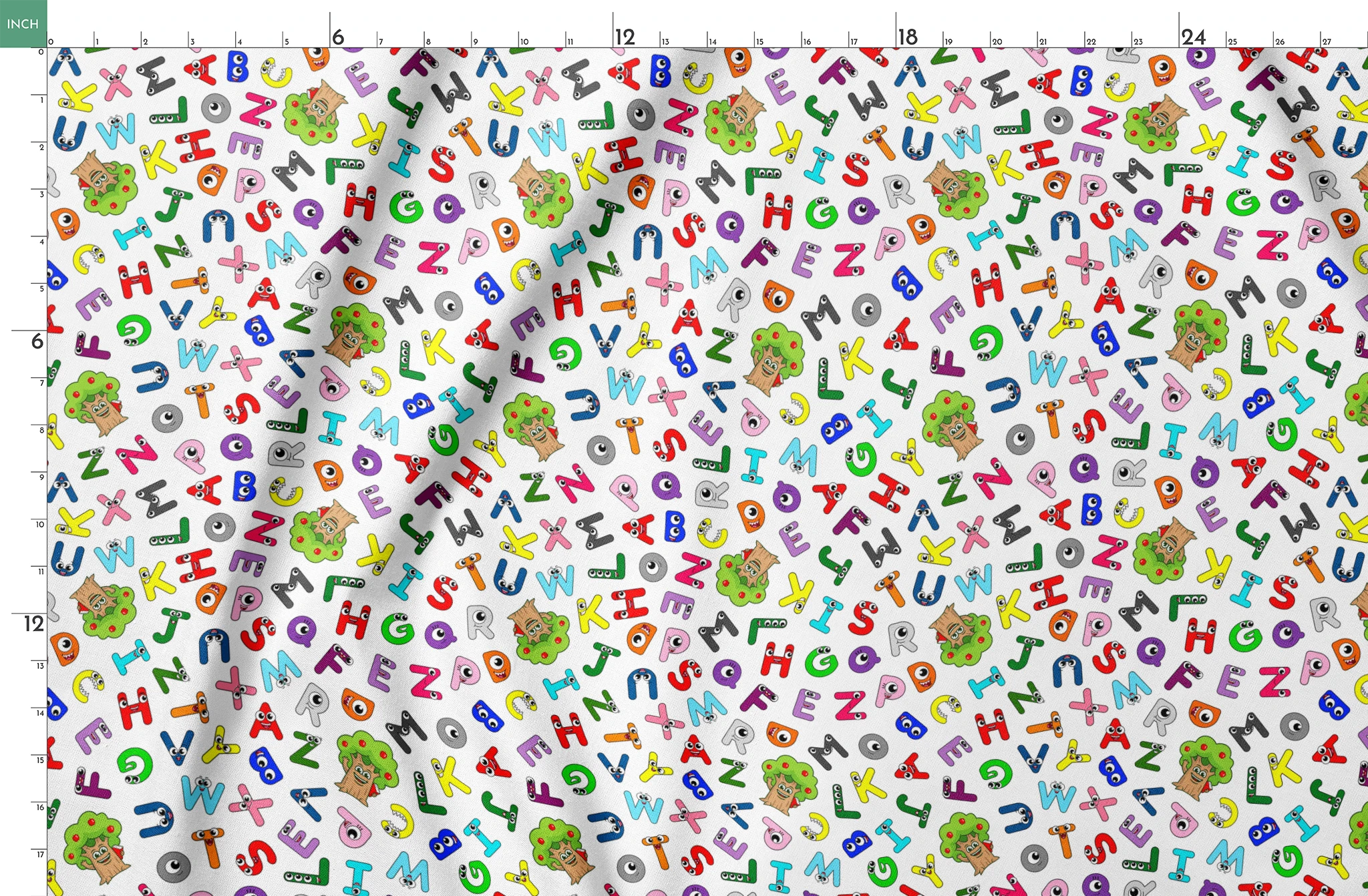 Colorful cartoon alphabet letters scattered randomly on white background with small monster characters springs fatquarter mockup