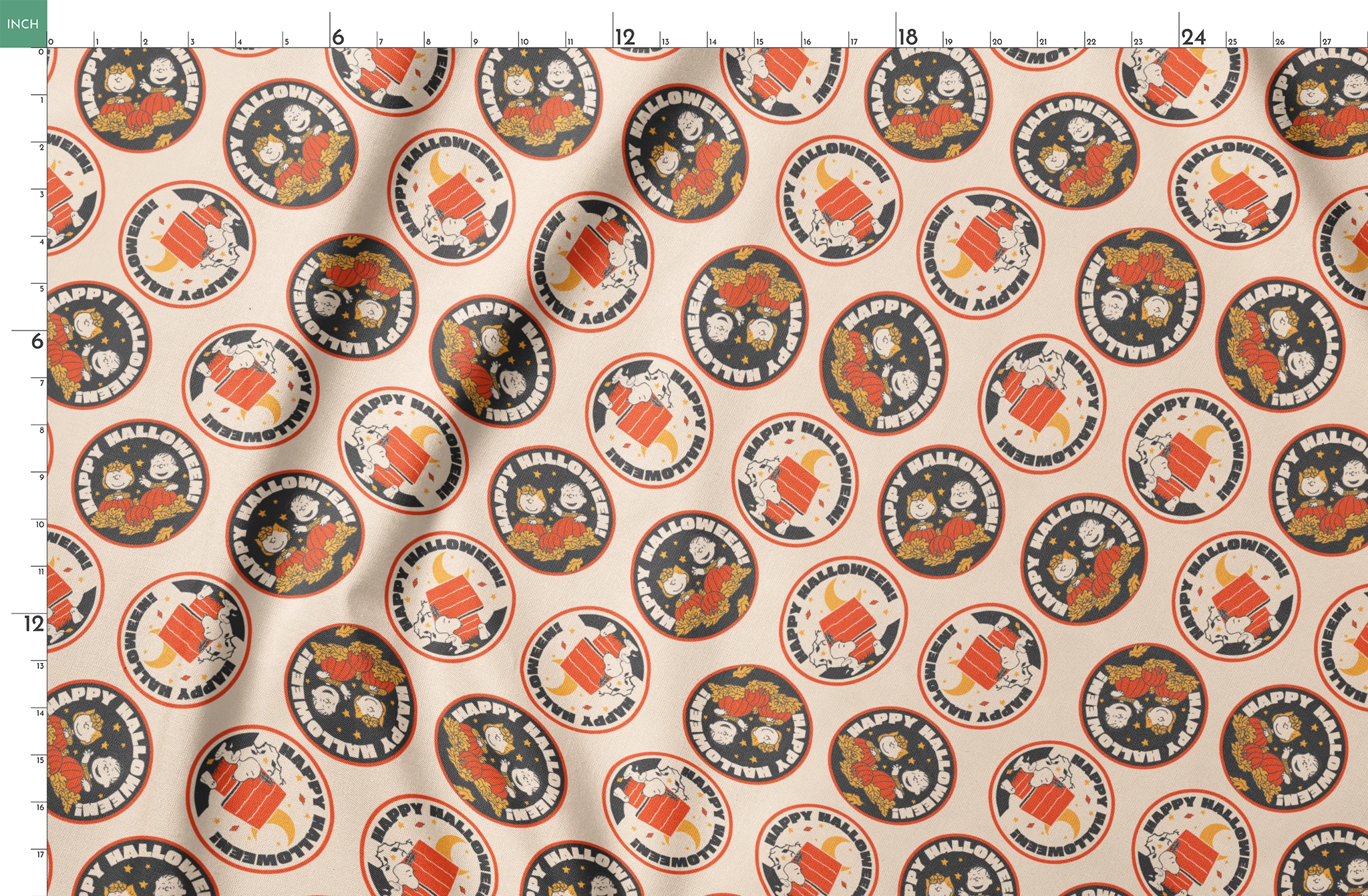Peanuts Halloween pattern with circular badges featuring characters and "Happy Halloween" text on beige background springs fatquarter mockup