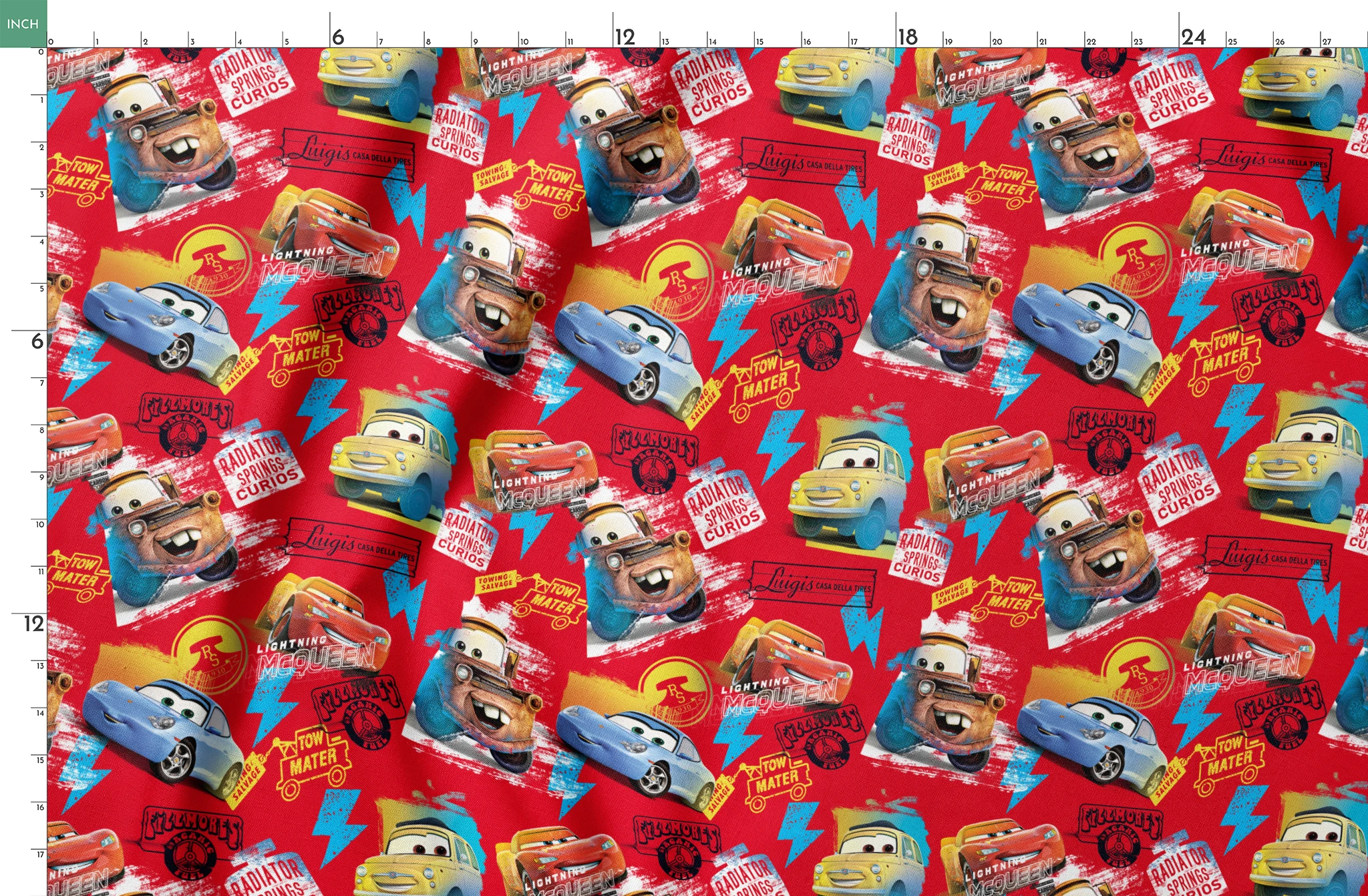 Colorful Cars movie characters pattern featuring Lightning McQueen and Mater on red background with logos springs fatquarter mockup