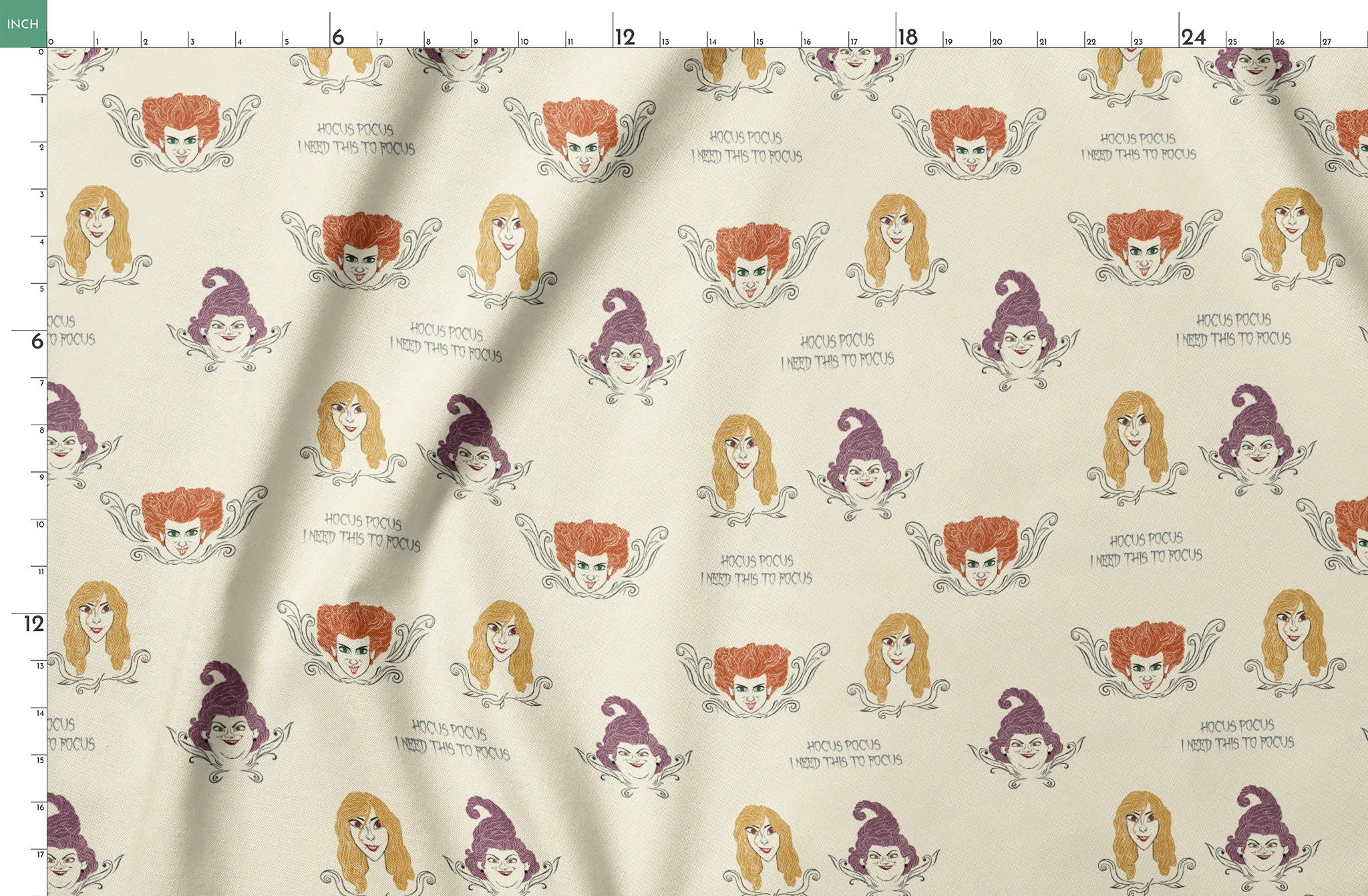 Pattern of illustrated magical characters with orange, blonde and purple hair on cream background with "Hocus Pocus" text springs fatquarter mockup