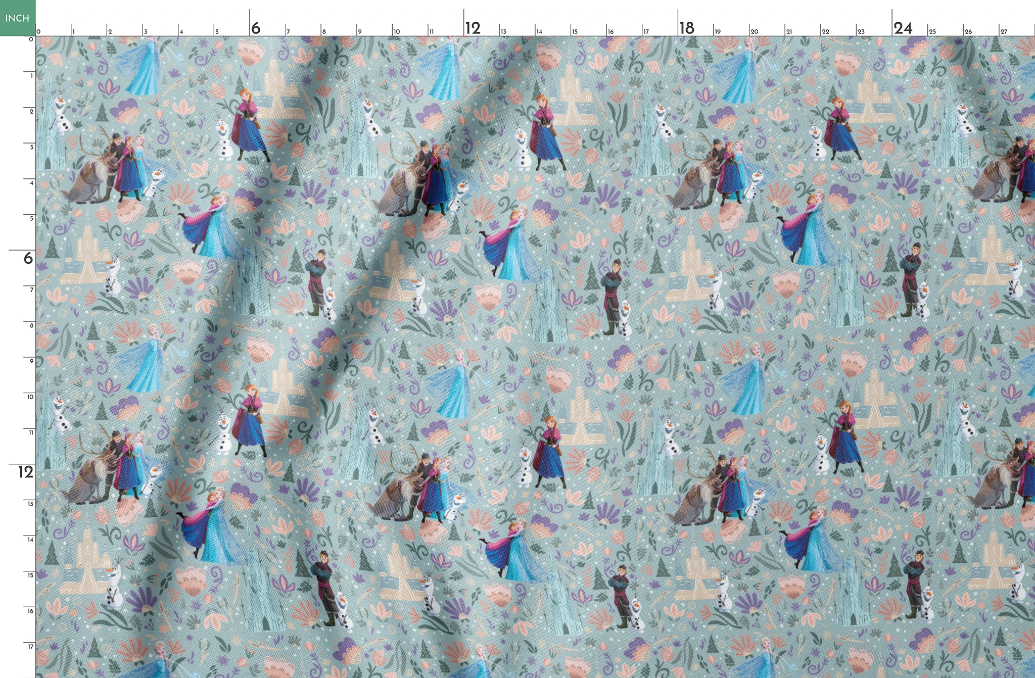 Frozen-themed pattern with the iconic characters, snowmen, flowers, and swirls on a light blue background springs fatquarter mockup