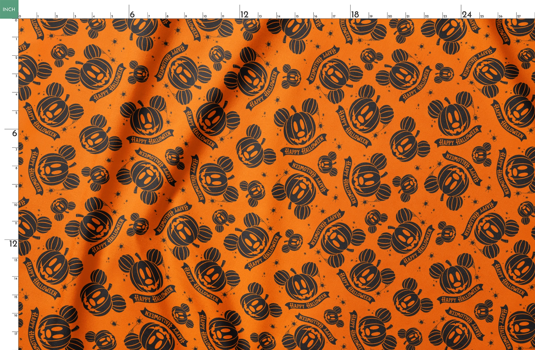 Halloween pattern with Disney-inspired jack-o'-lantern pumpkins and "Happy Halloween" text on bright orange background springs fatquarter mockup
