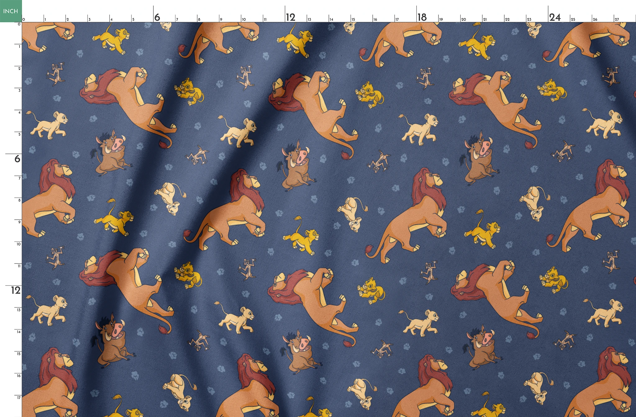 Colorful cartoon lions and characters from The Lion King scattered on dark blue background with paw prints springs fatquarter mockup