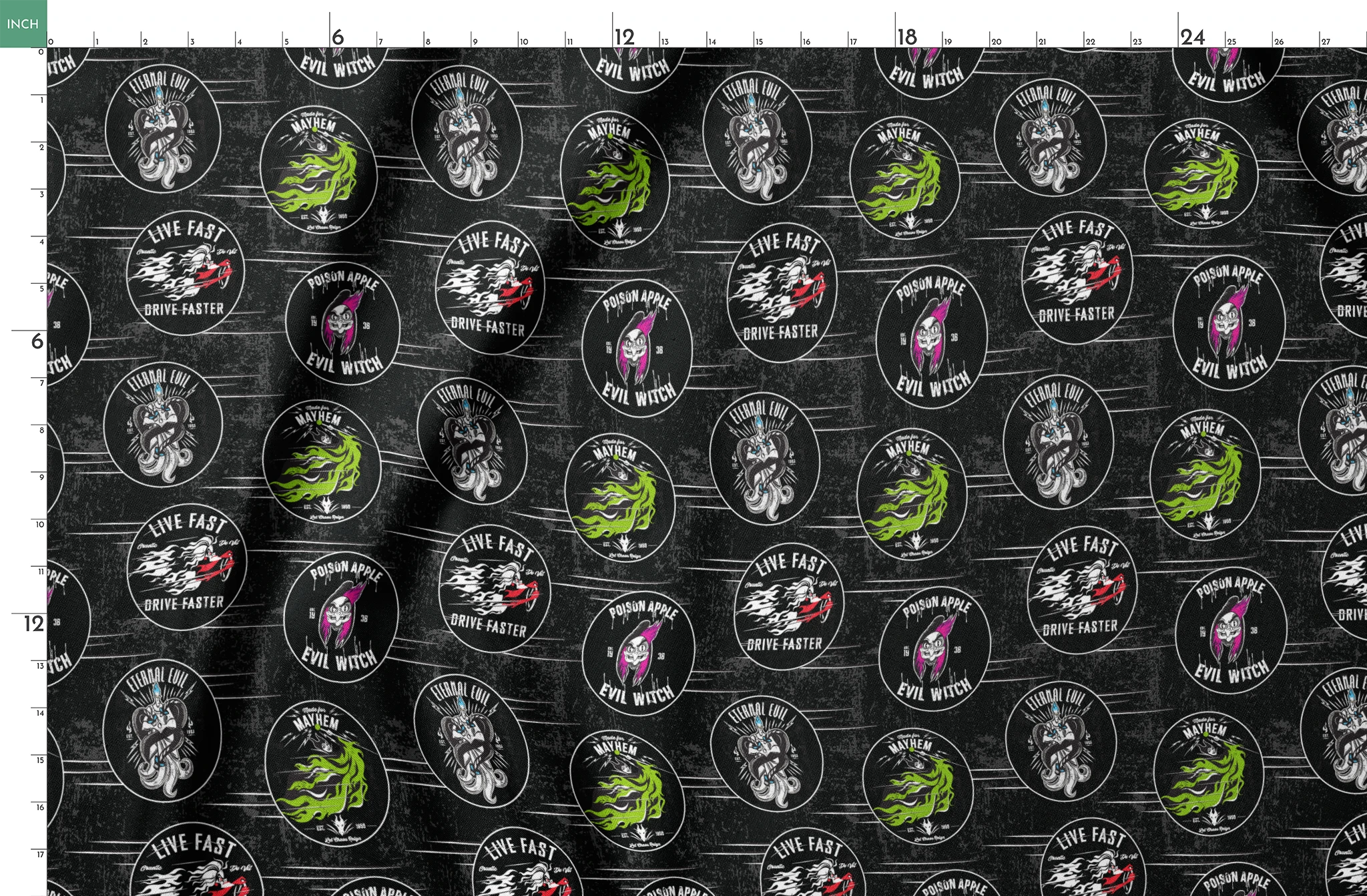 Punk-style Disney Villain circular badges including "Eternal Evil," "Live Fast Drive Faster," and green "Mayhem" designs on black background springs fatquarter mockup