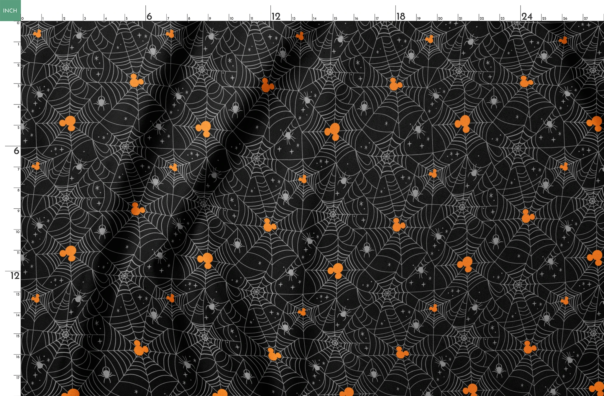 Spooky Halloween pattern with white spiderwebs, orange Mickey Mouse heads, and gray spiders on black background springs fatquarter mockup