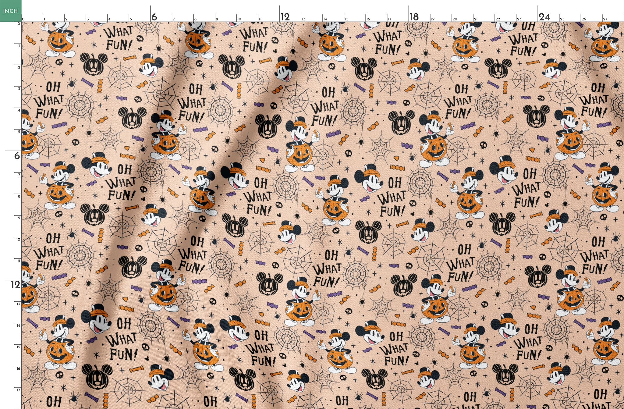 Halloween Mickey Mouse pattern with "OH WHAT FUN!" text, pumpkins, spiderwebs, and candy on beige background springs fatquarter mockup