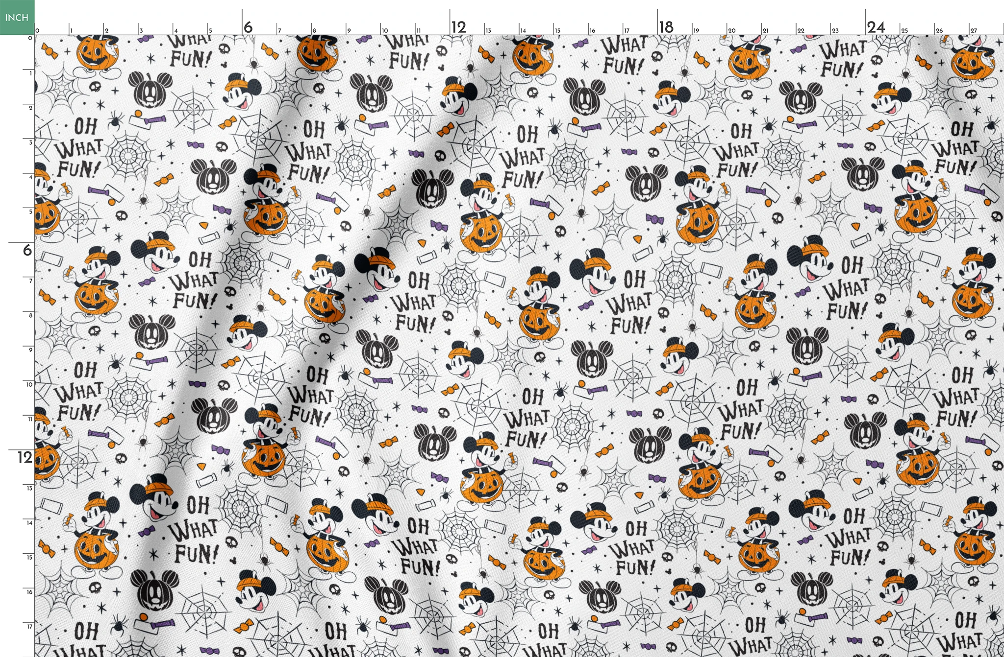 Halloween-themed cartoon pattern with Mickey Mouse characters, pumpkins, spider webs, and "OH WHAT FUN!" text on white background springs fatquarter mockup