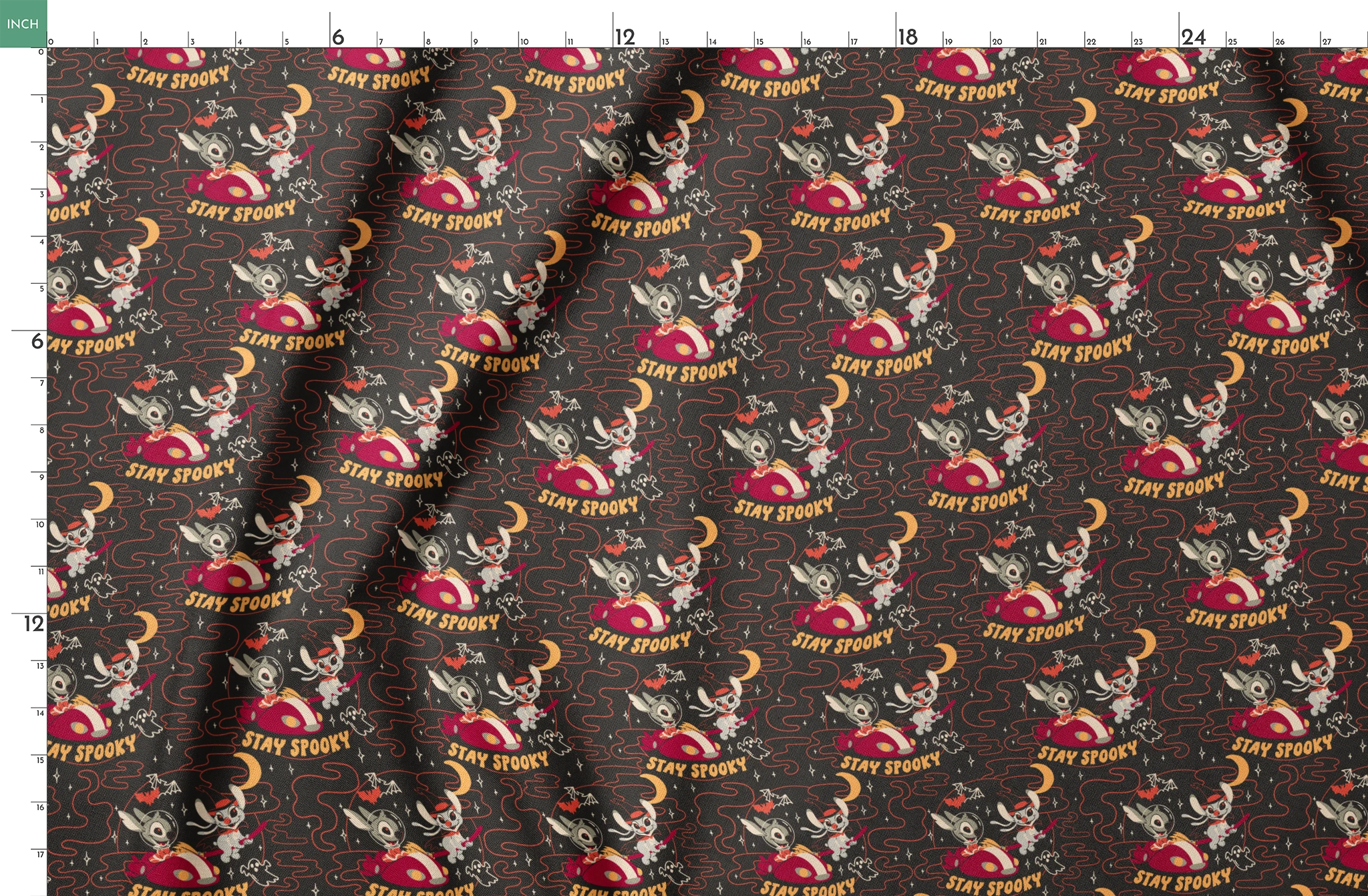 Repeating Halloween pattern with Stitch, "STAY SPOOKY" text, crescent moons, and swirling red lines on dark background. springs fatquarter mockup