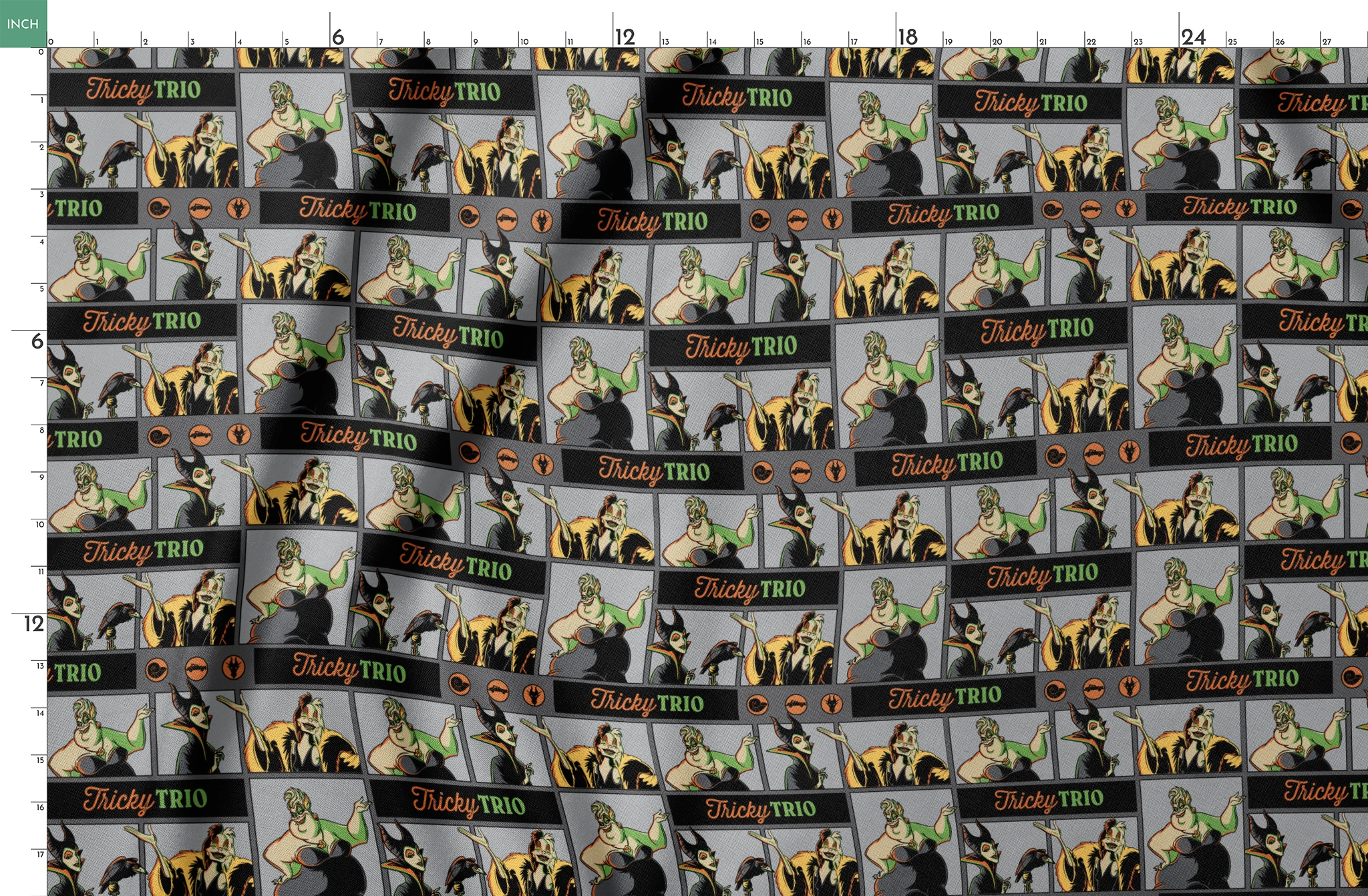 Cartoon-style villains "Tricky Trio" pattern with Maleficent, Cruella, and Ursula in green and orange text springs fatquarter mockup