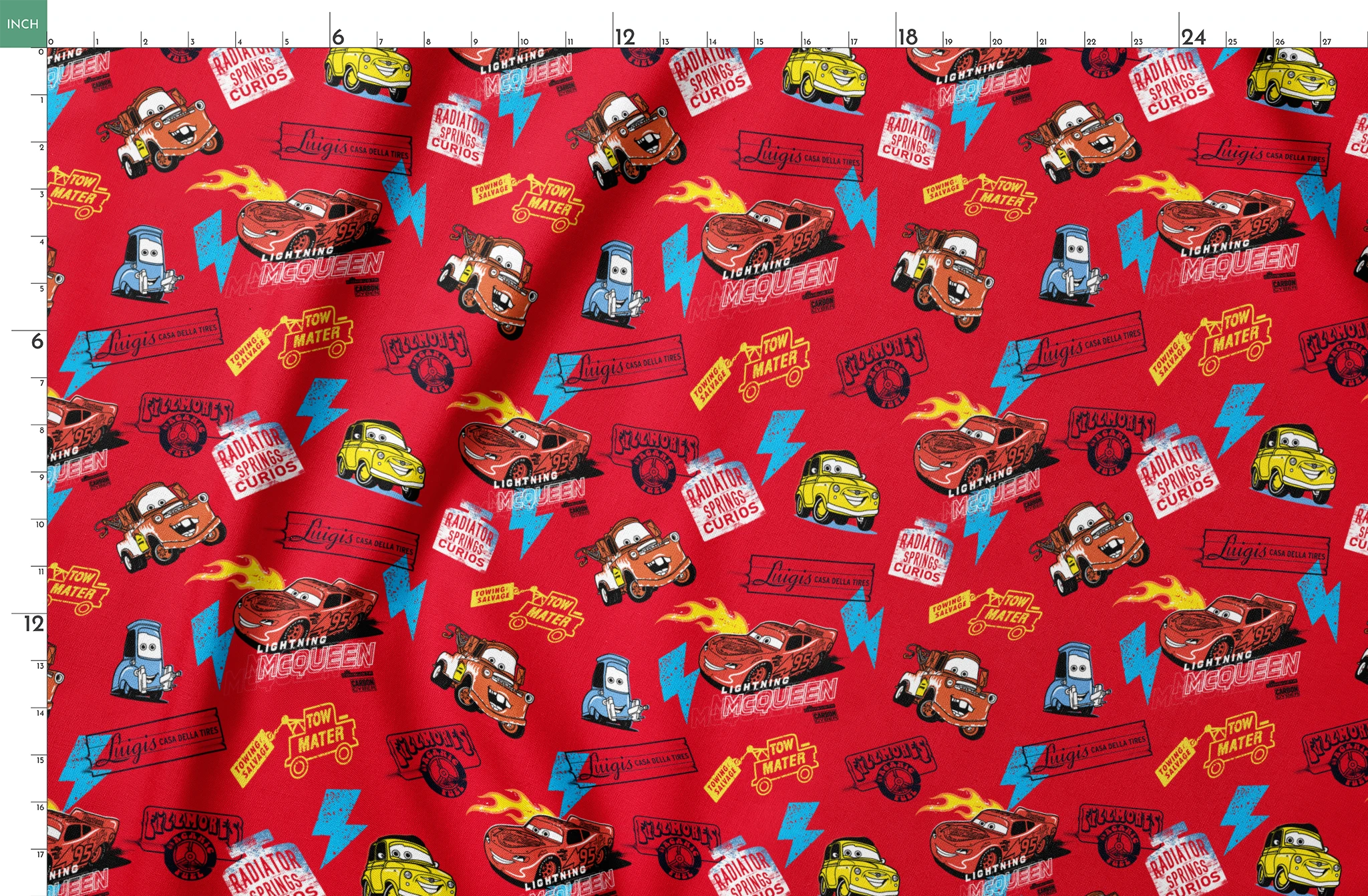Colorful Disney Cars pattern featuring Lightning McQueen and Mater on vibrant red background with logos springs fatquarter mockup