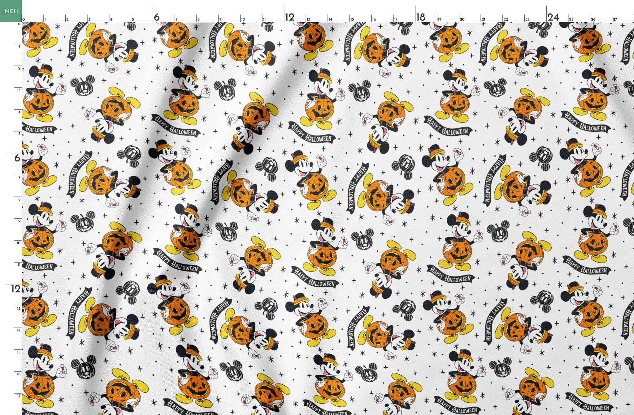 Mickey Mouse Halloween pattern dressed as pumpkins on white background with stars and "Happy Halloween" text springs fatquarter mockup