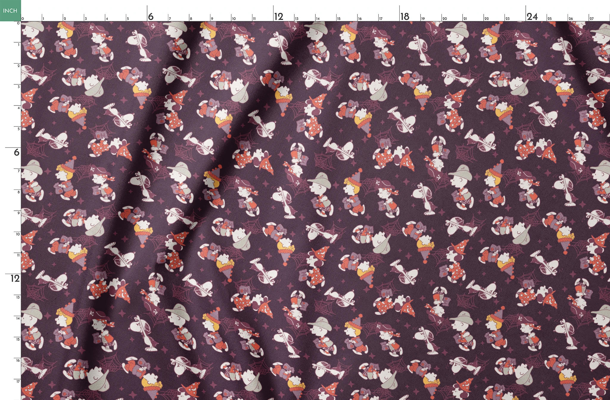 Snoopy and Peanuts characters in Halloween costumes scattered on dark purple background springs fatquarter mockup