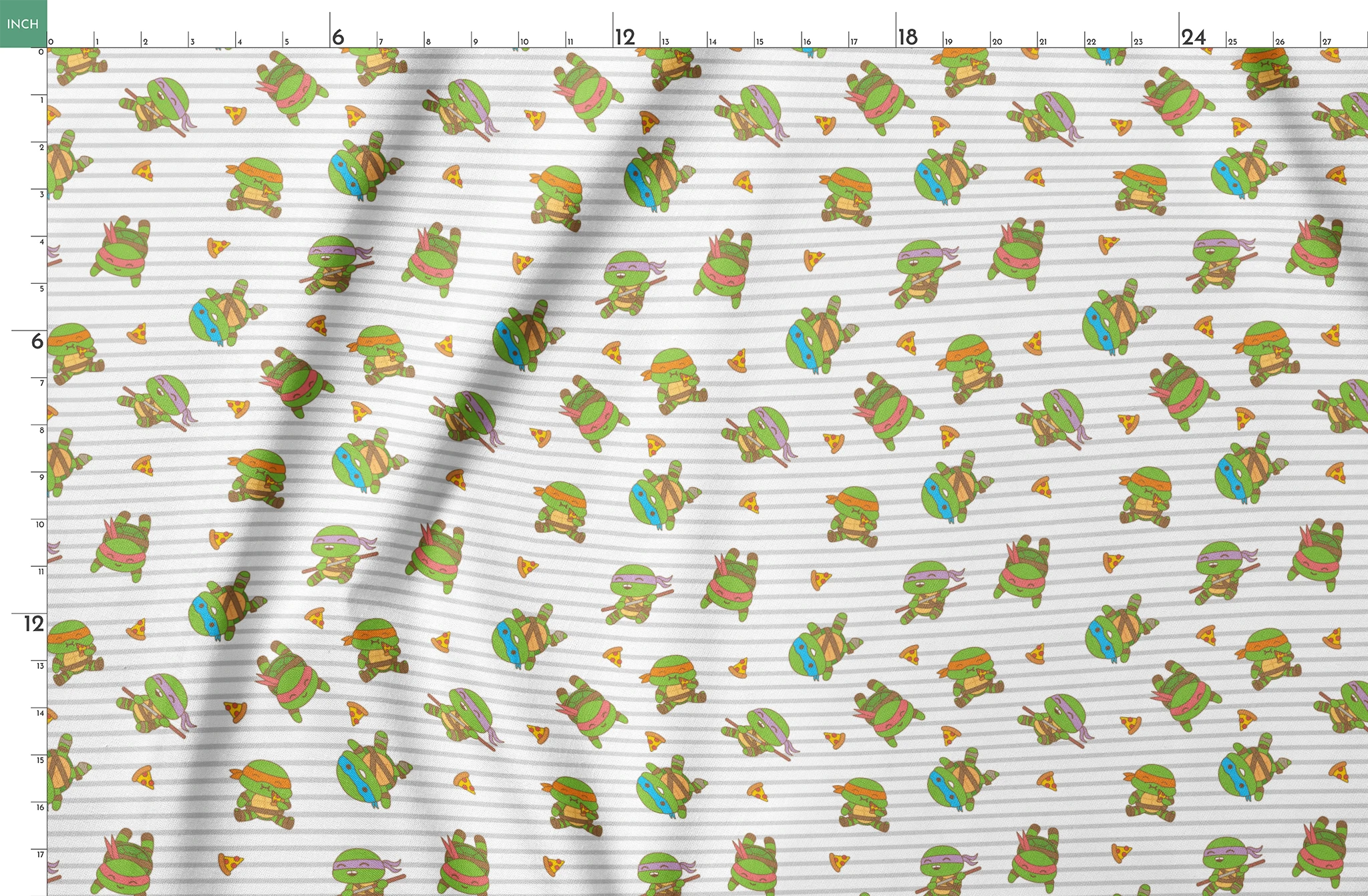 Teenage Mutant Ninja Turtles in various poses with pizza slices on gray striped background springs fatquarter mockup