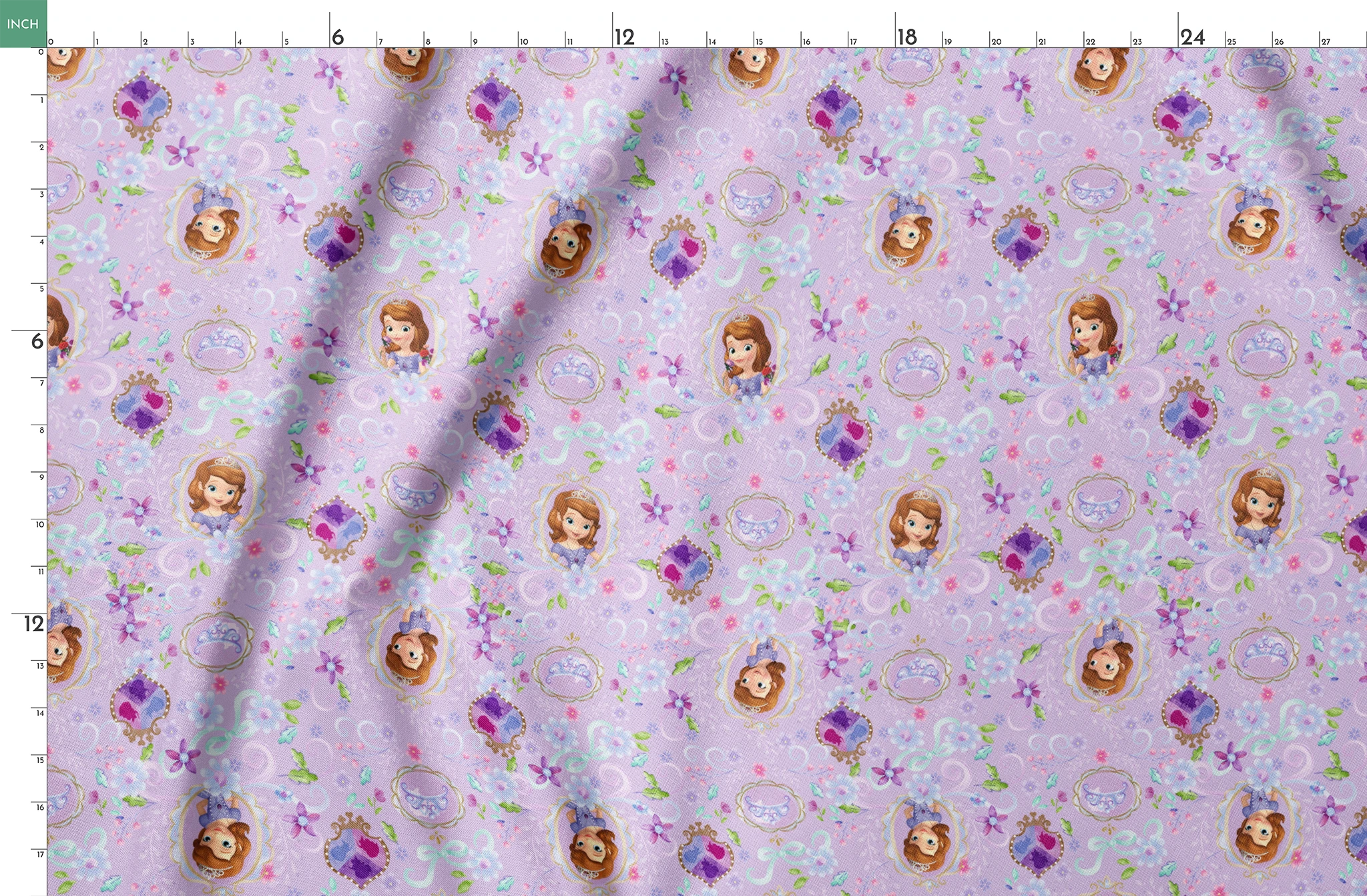 Princess Sofia pattern with purple flowers and swirls on lavender background springs fatquarter mockup
