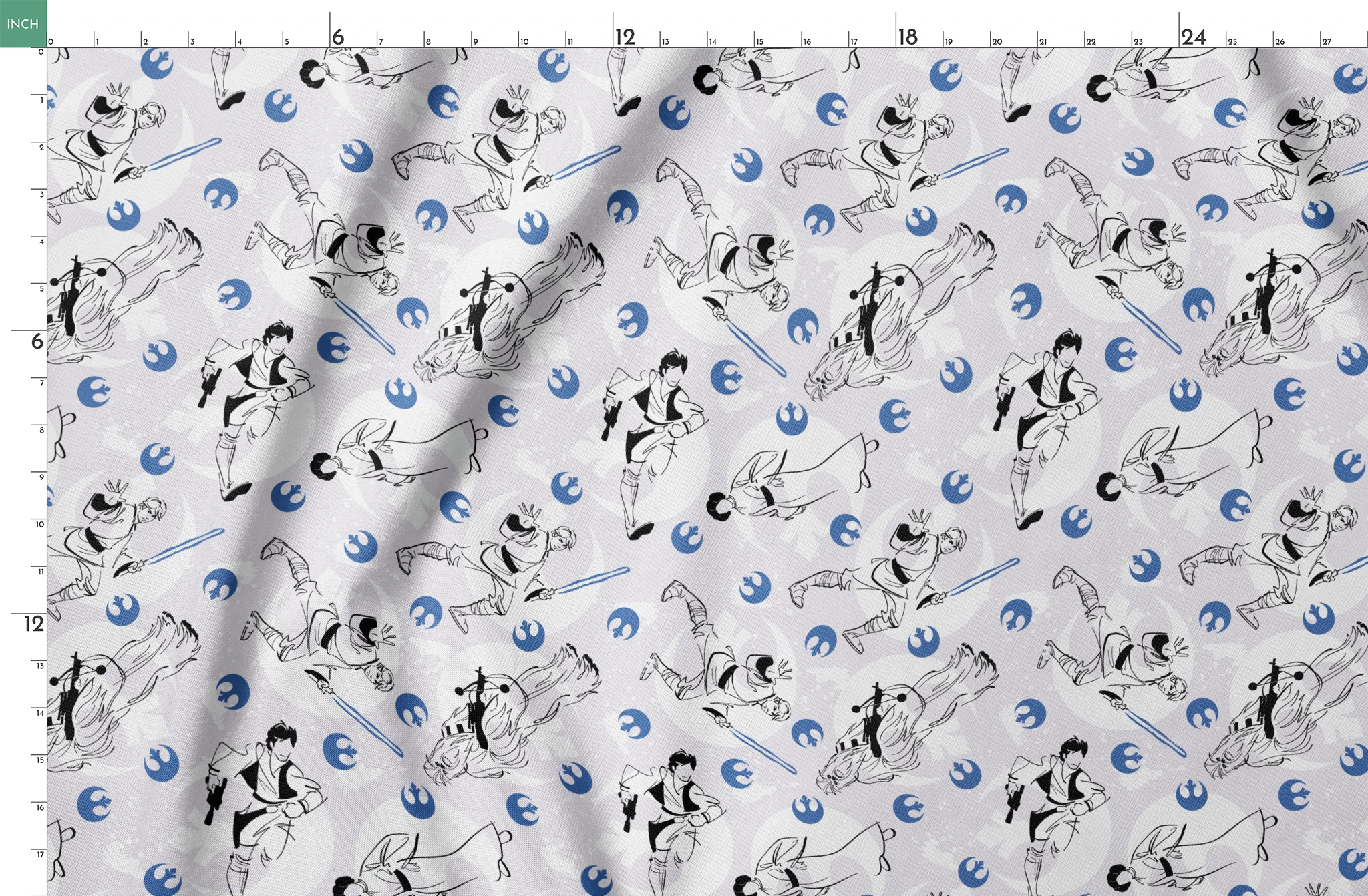 Star Wars characters with lightsabers pattern featuring Rebel Alliance logos on light background springs fatquarter mockup