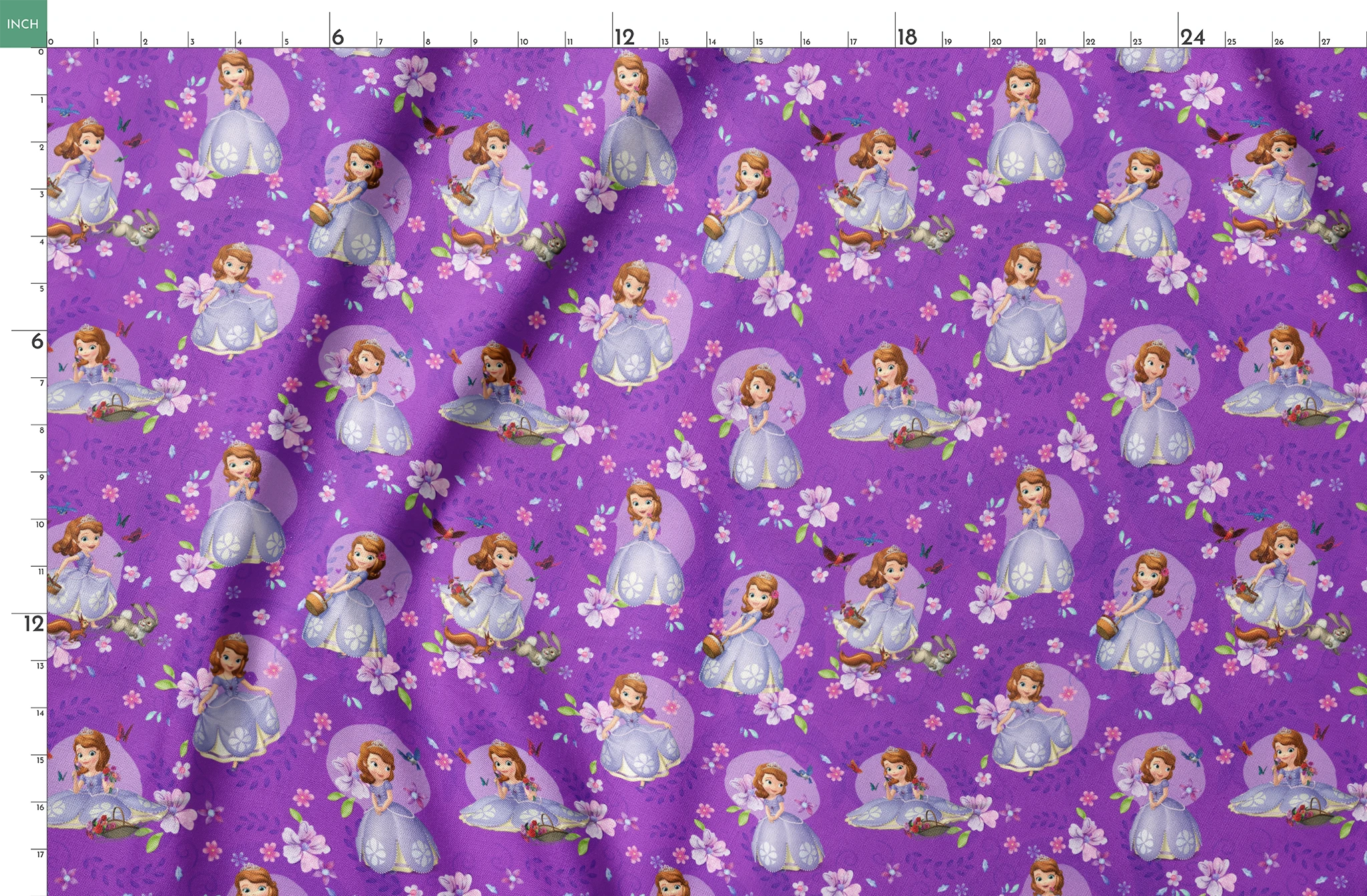 Purple background with repeating pattern of Sofia character in lavender dress surrounded by pink flowers and circular accents springs fatquarter mockup