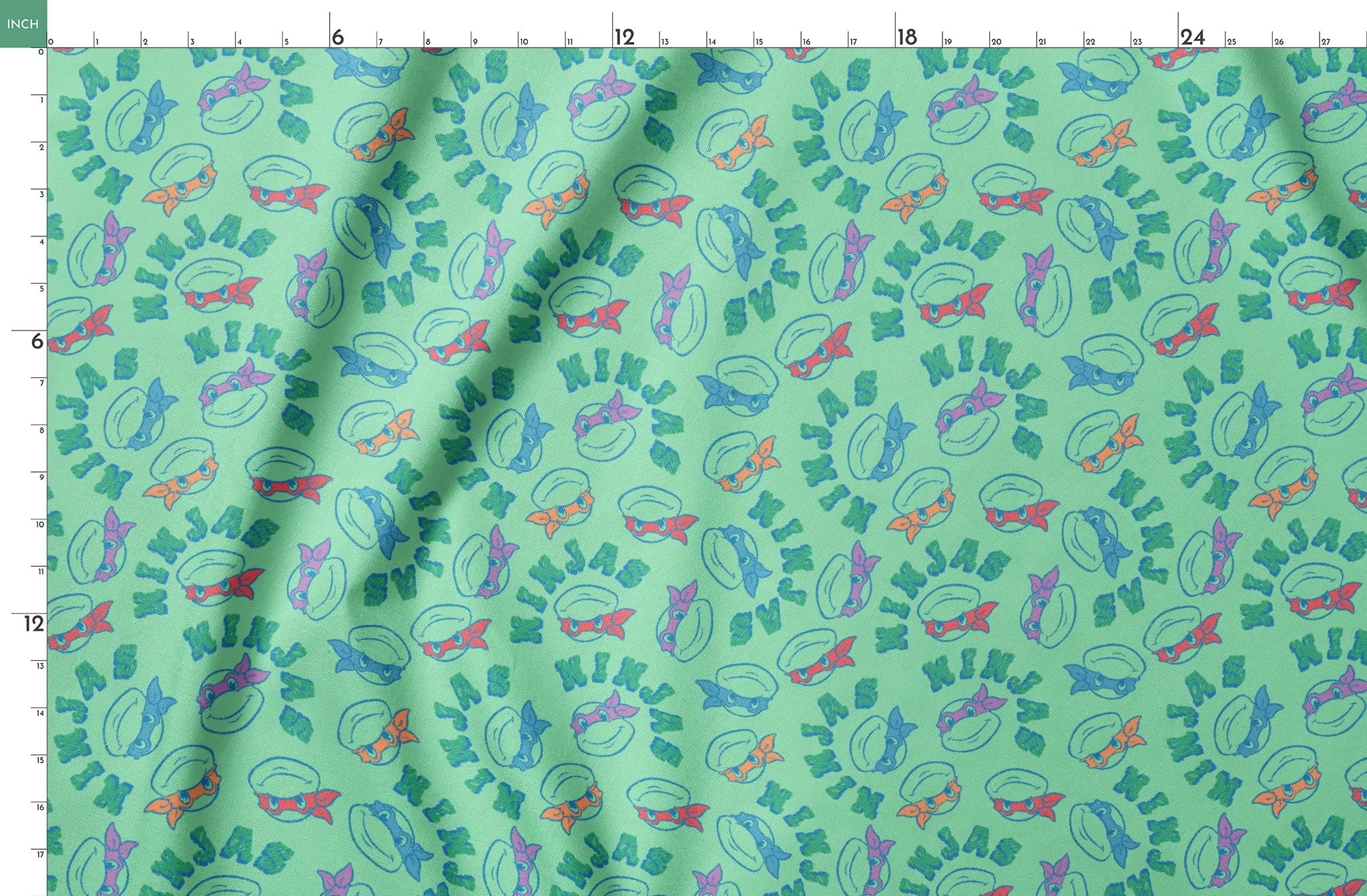 Pattern of Teenage Mutant Ninja Turtles with colored masks in blue, red, and purple on mint green background springs fatquarter mockup
