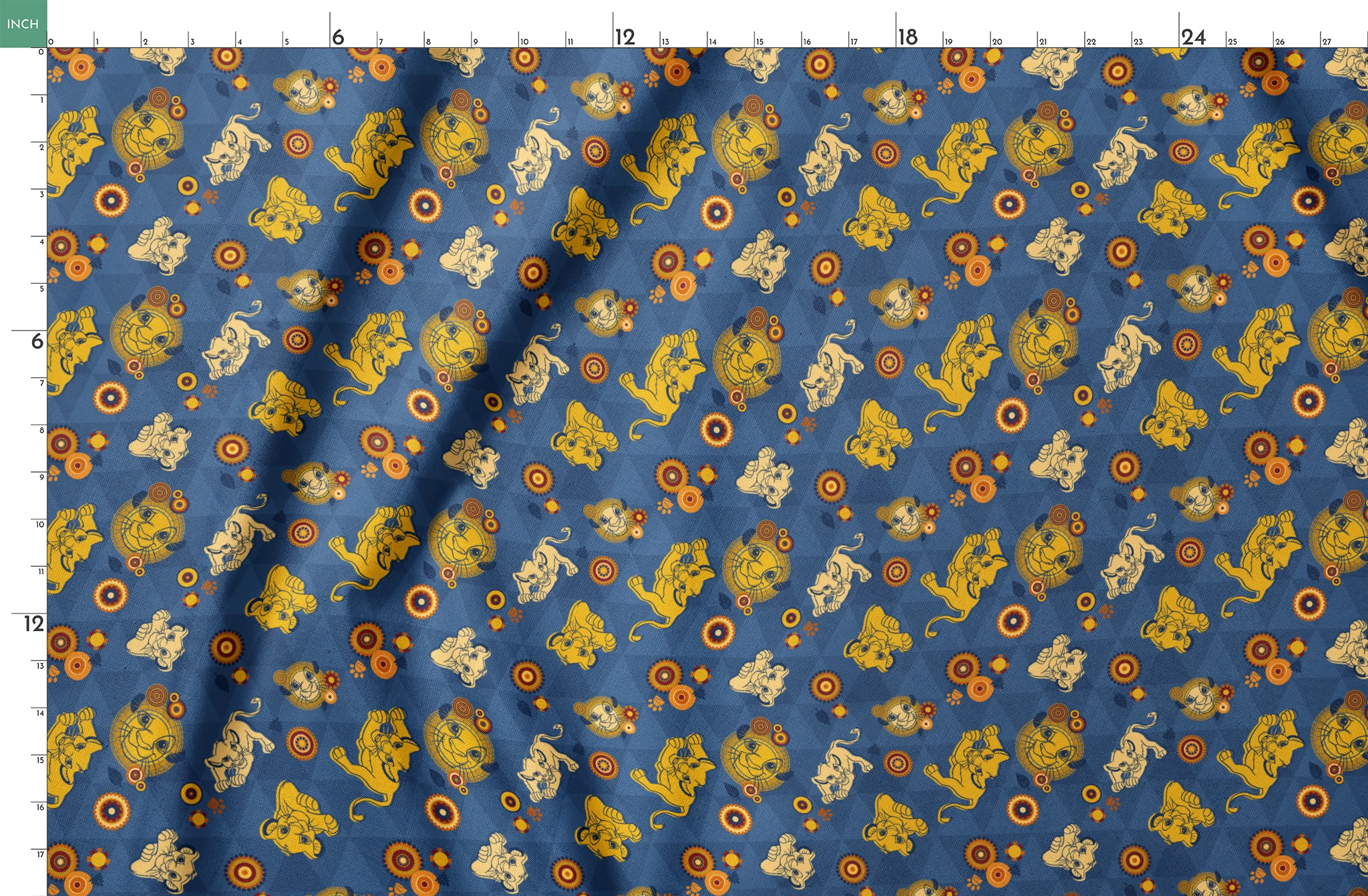 Geometric pattern with yellow lion figures and circular designs on blue triangular background springs fatquarter mockup