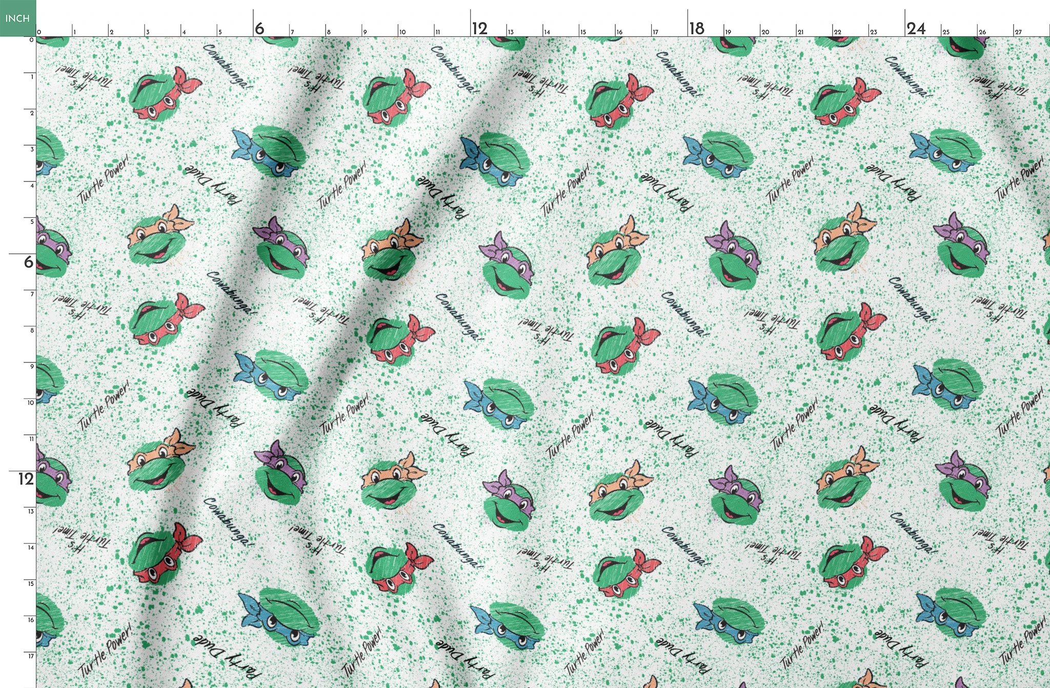 Pattern of Teenage Mutant Ninja Turtles with colorful masks on speckled green background with phrases like "Turtle Power! springs fatquarter mockup