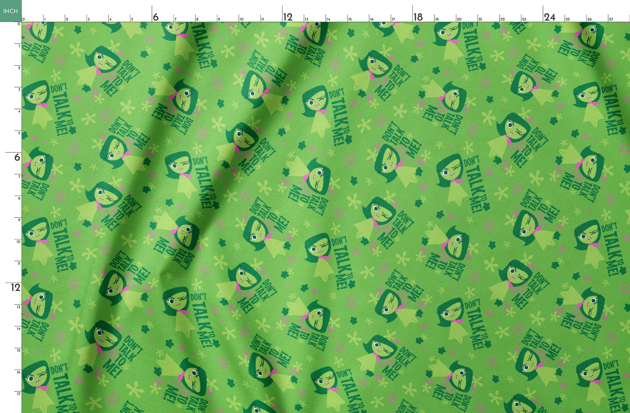 Green background with Disgust from Inside Out and "Don't Talk To Me" text, featuring stars and floral elements springs fatquarter mockup