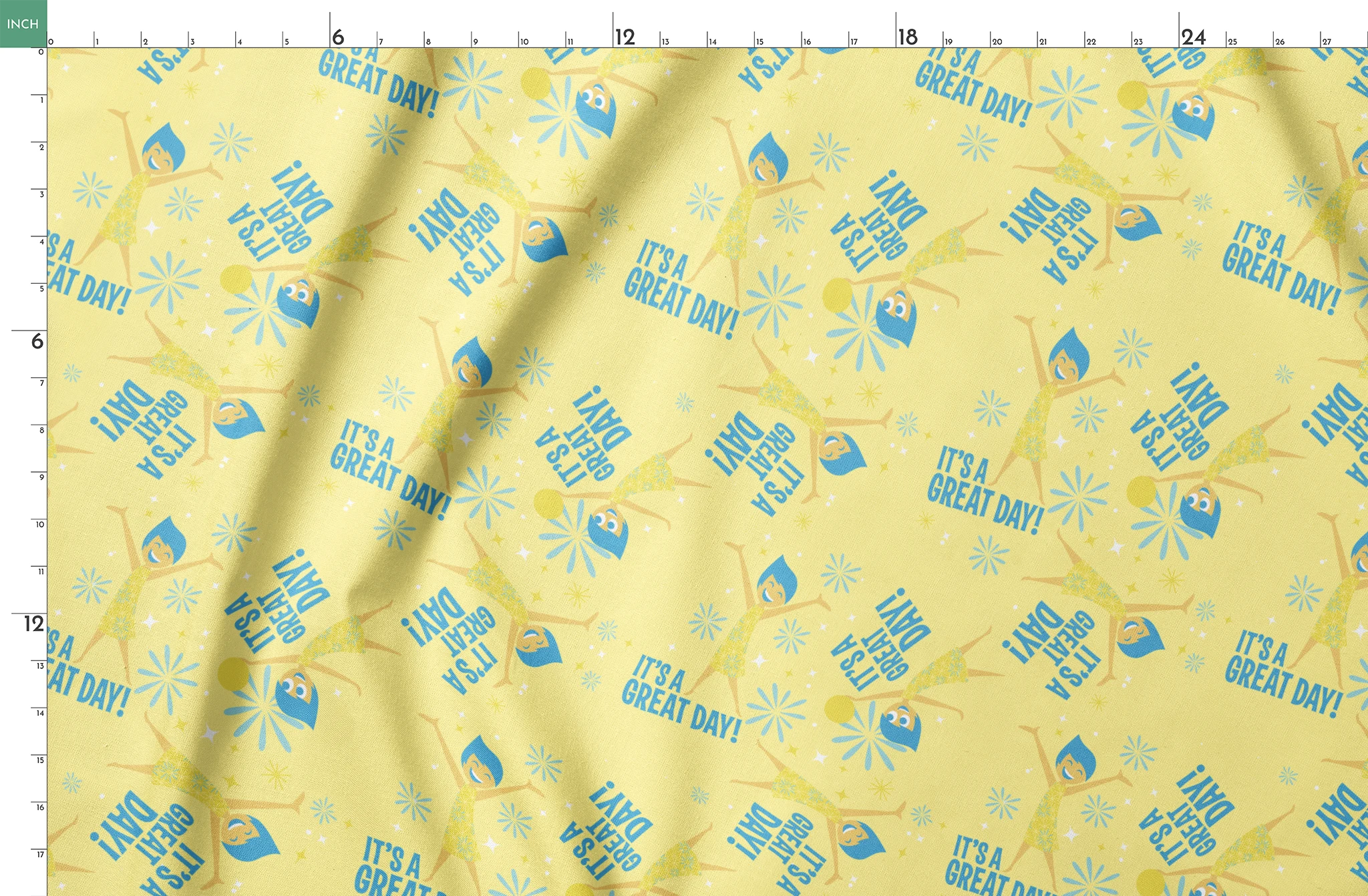 Cheerful Inside Out pattern with blue "IT'S A GREAT DAY!" text and decorative white accents springs fatquarter mockup