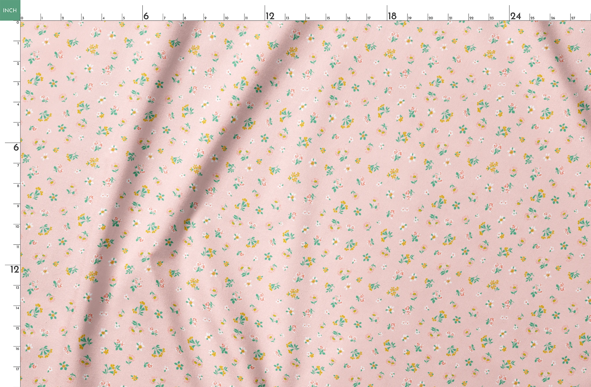 Small floral pattern on pink background with white daisies and yellow, blue, and pink flowers springs fatquarter mockup