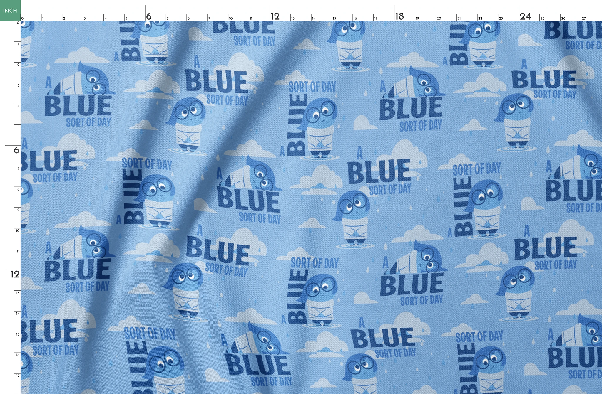 Sadness from Disney and Pixar's Inside Out pattern with "BLUE SORT OF DAY" text on light blue background with clouds springs fatquarter mockup