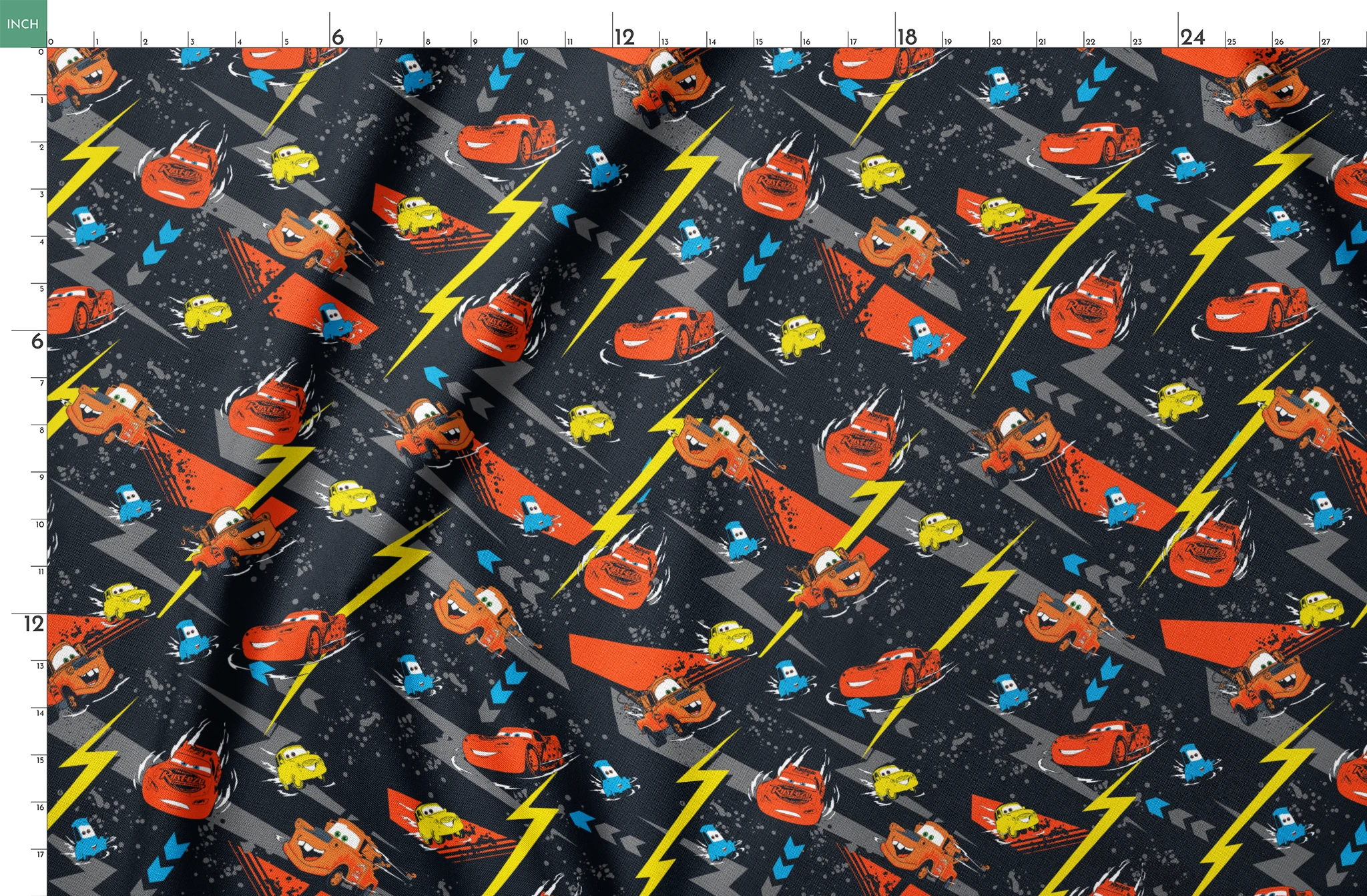 Pattern of animated red race cars with lightning bolt designs on dark background with yellow lightning strikes and blue accents springs fatquarter mockup