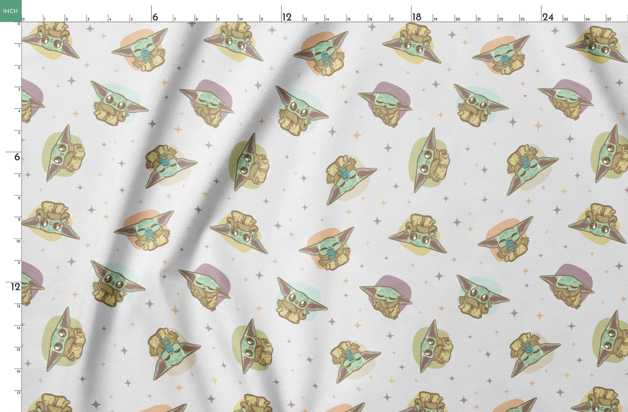 Cute cartoon characters in floating pods with big ears against a starry background, pastel colors springs fatquarter mockup