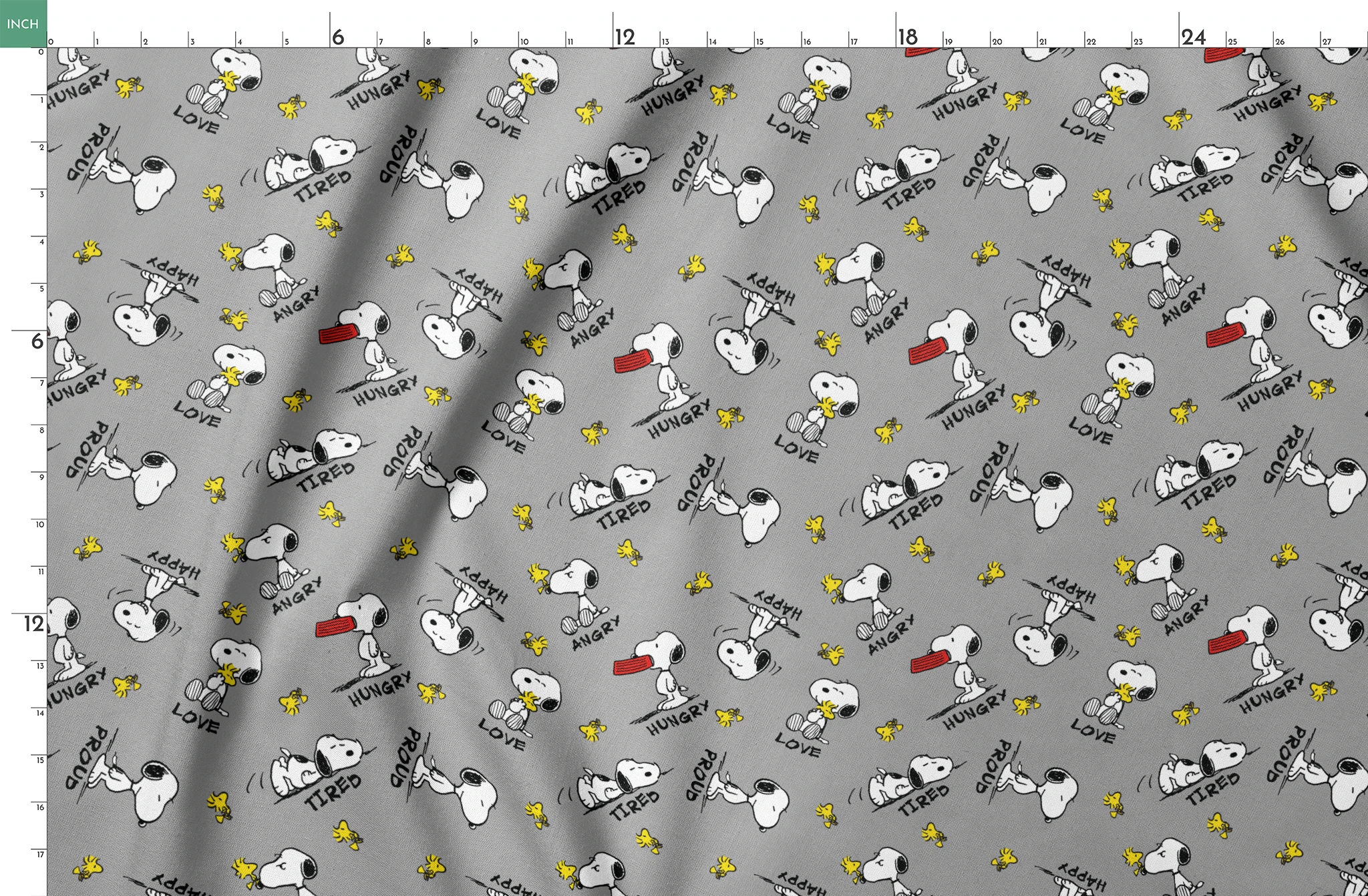 Snoopy cartoon pattern on gray background with emotions like "Hungry" and "Love" with Woodstock springs fatquarter mockup