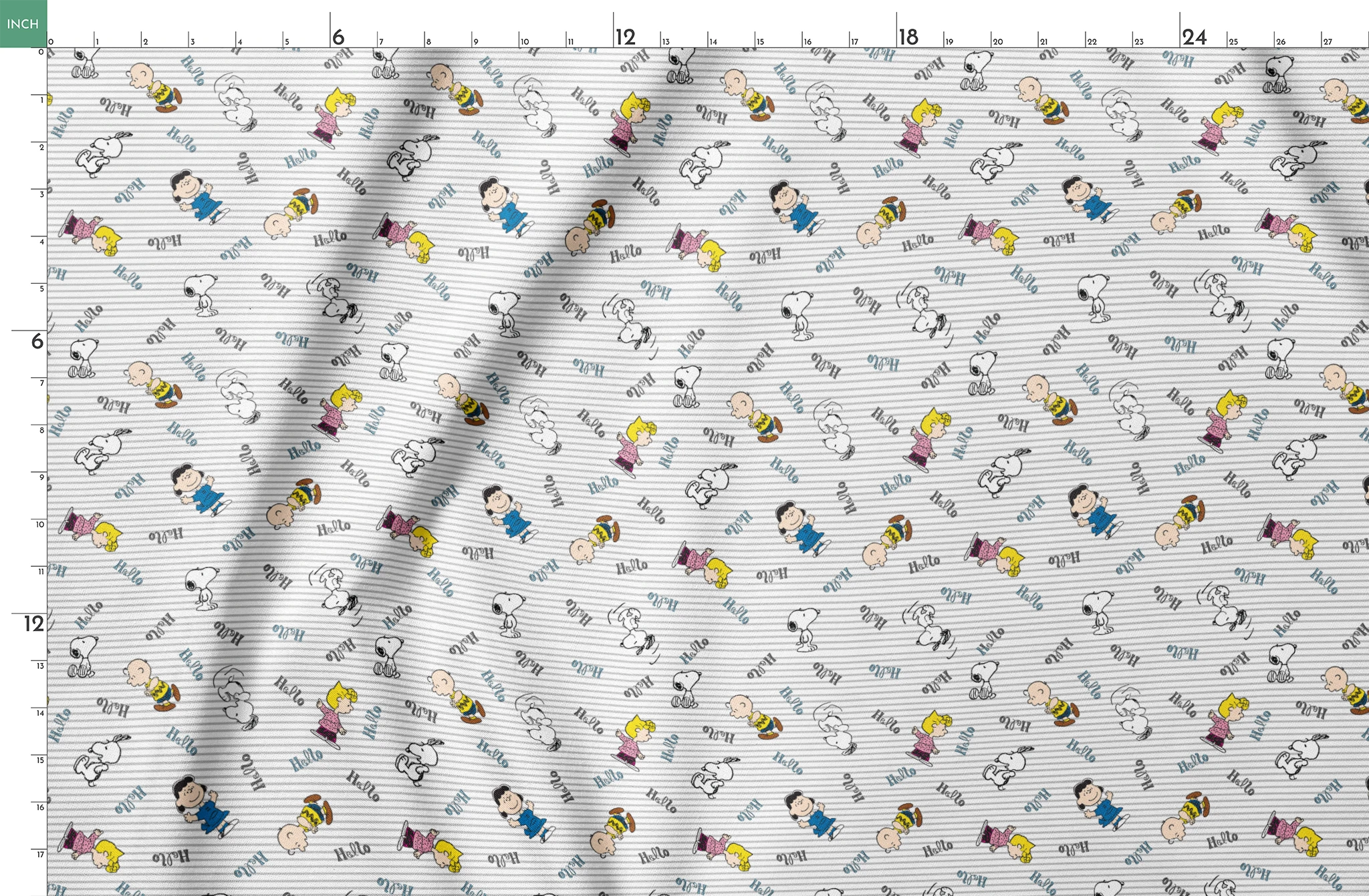 Peanuts cartoon characters scattered on striped background with "hello" text, featuring Snoopy, Charlie Brown, and friends springs fatquarter mockup