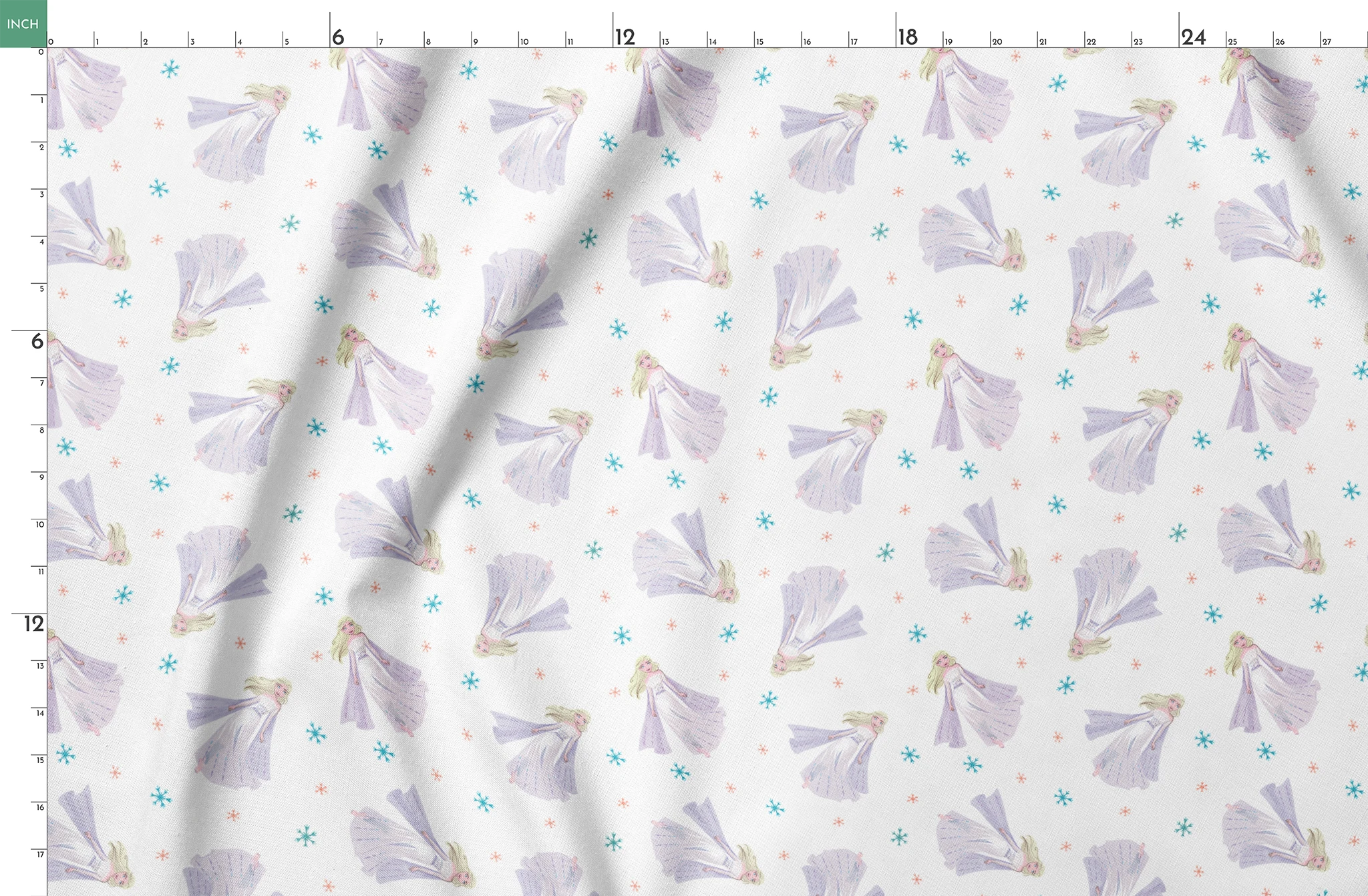 Whimsical pattern of Elsa with colorful snowflakes on white background springs fatquarter mockup