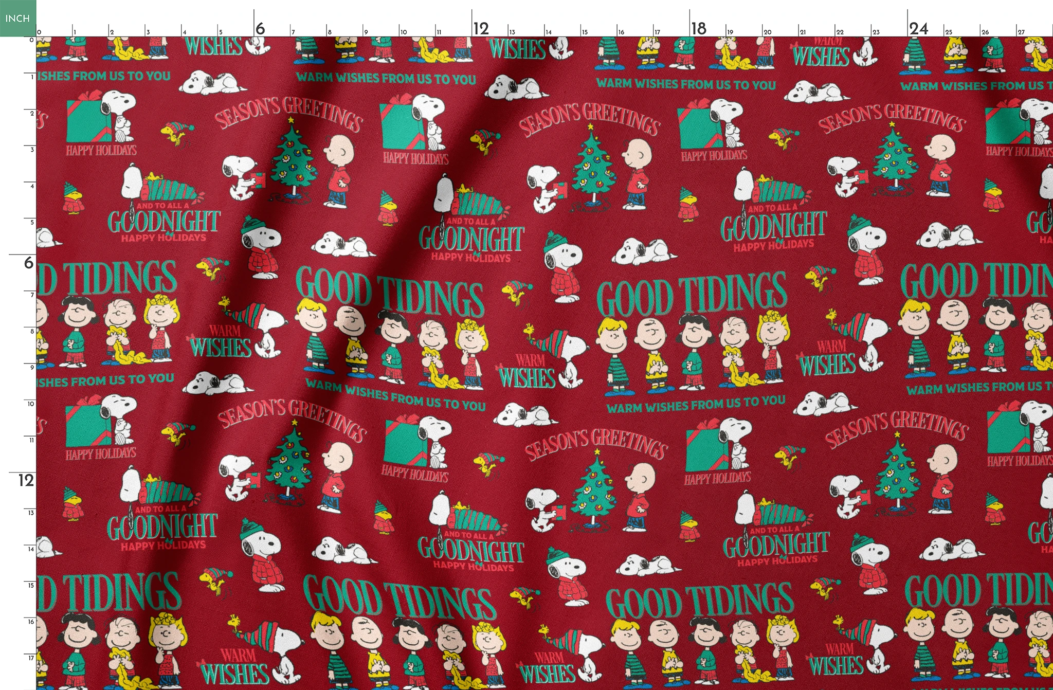 Colorful Peanuts Christmas pattern with Snoopy, Woodstock, and friends with holiday phrases on red background springs fatquarter mockup