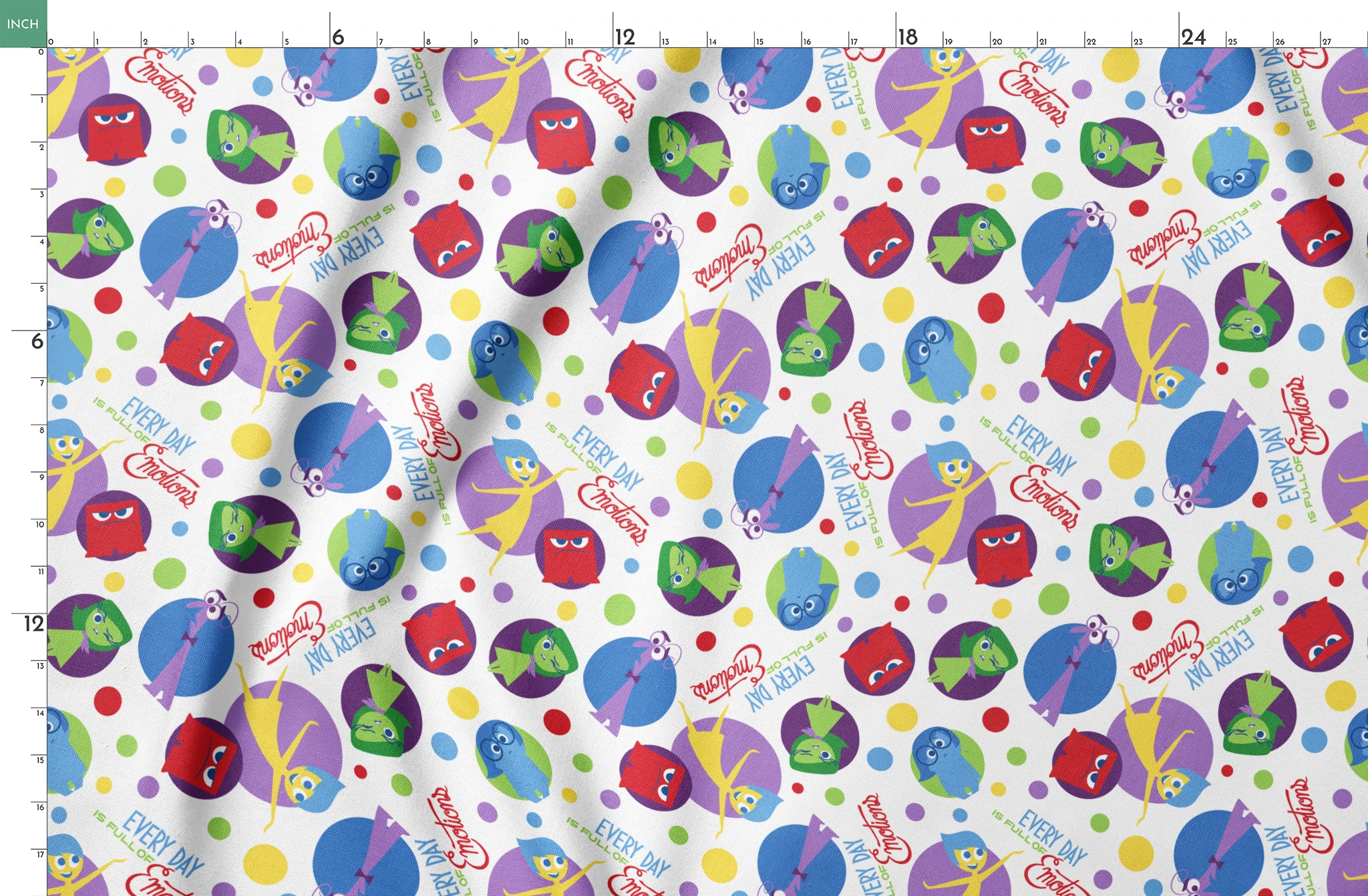 Colorful Inside Out characters in circles - Joy, Sadness, Fear, Disgust, and Anger on polka dot background springs fatquarter mockup