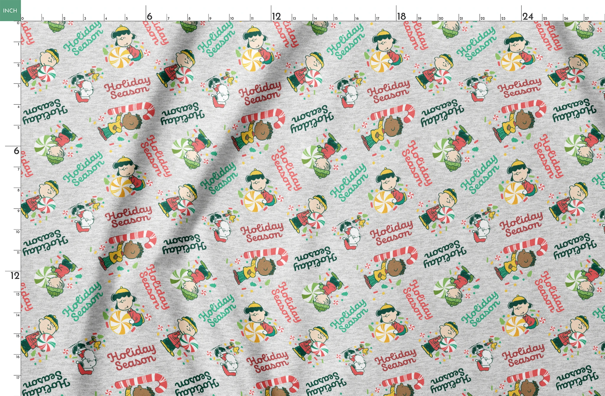 Festive Peanuts characters with candy canes and peppermints on gray background with "Holiday Season" text springs fatquarter mockup