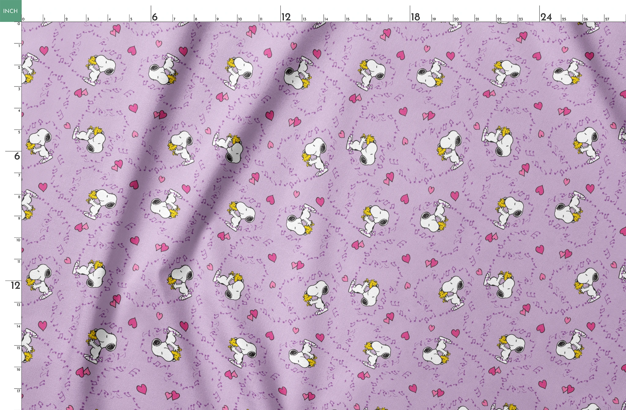 Snoopy and Woodstock on purple background with pink hearts and music notes springs fatquarter mockup