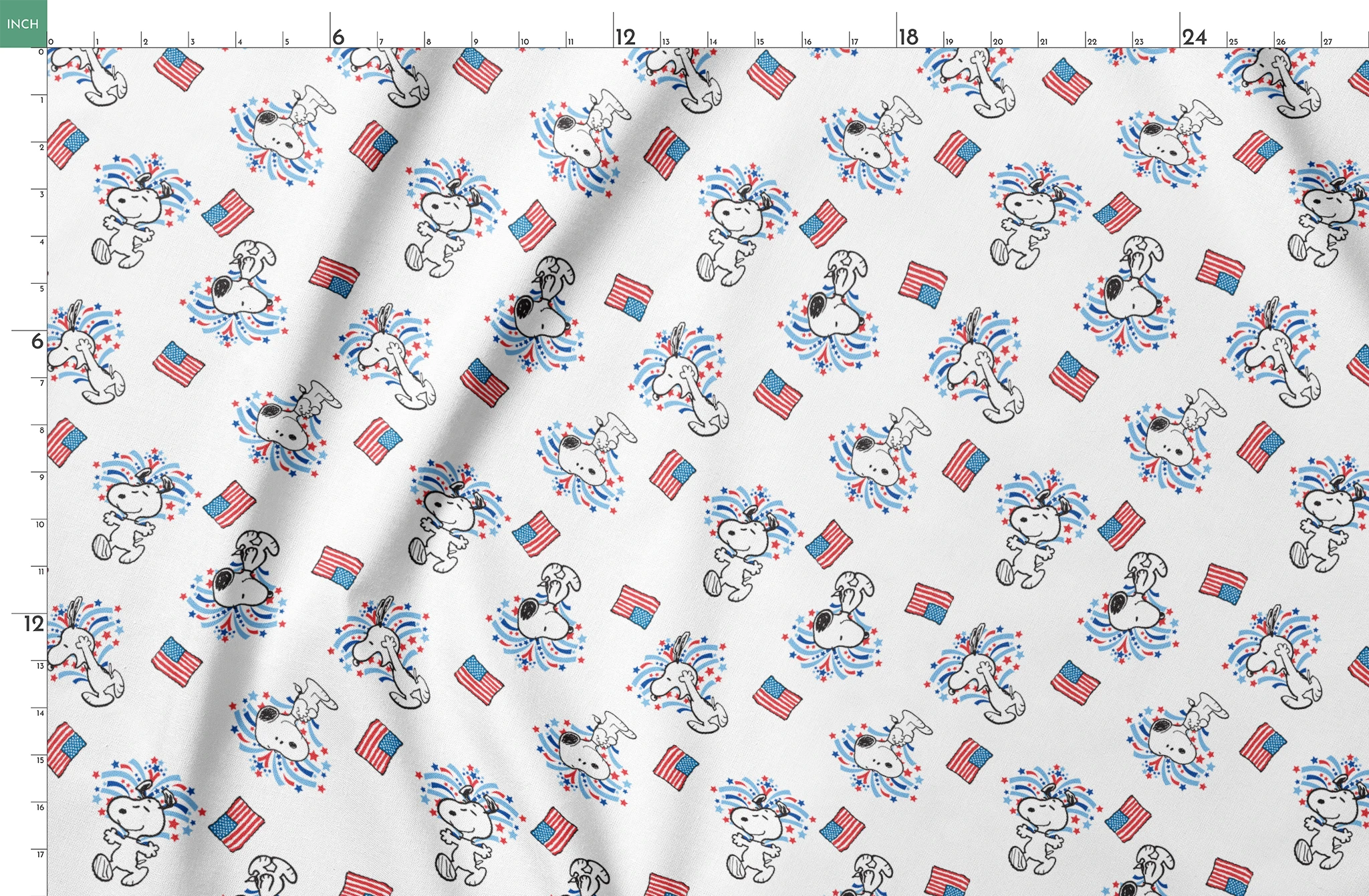 Snoopy with red and blue fireworks pattern alongside American flags on white background springs fatquarter mockup