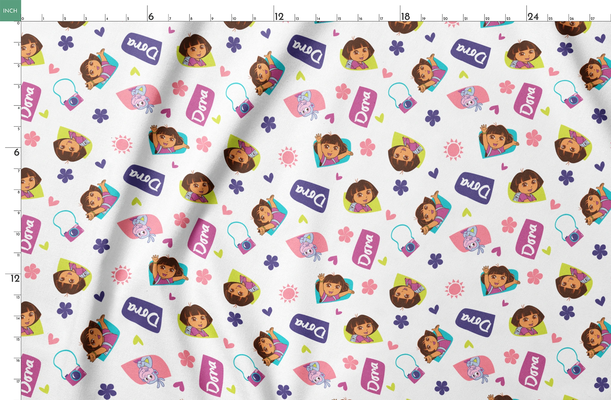 Cartoon pattern featuring Dora the Explorer characters, purple logos, pink hearts, and flowers on white background. springs fatquarter mockup