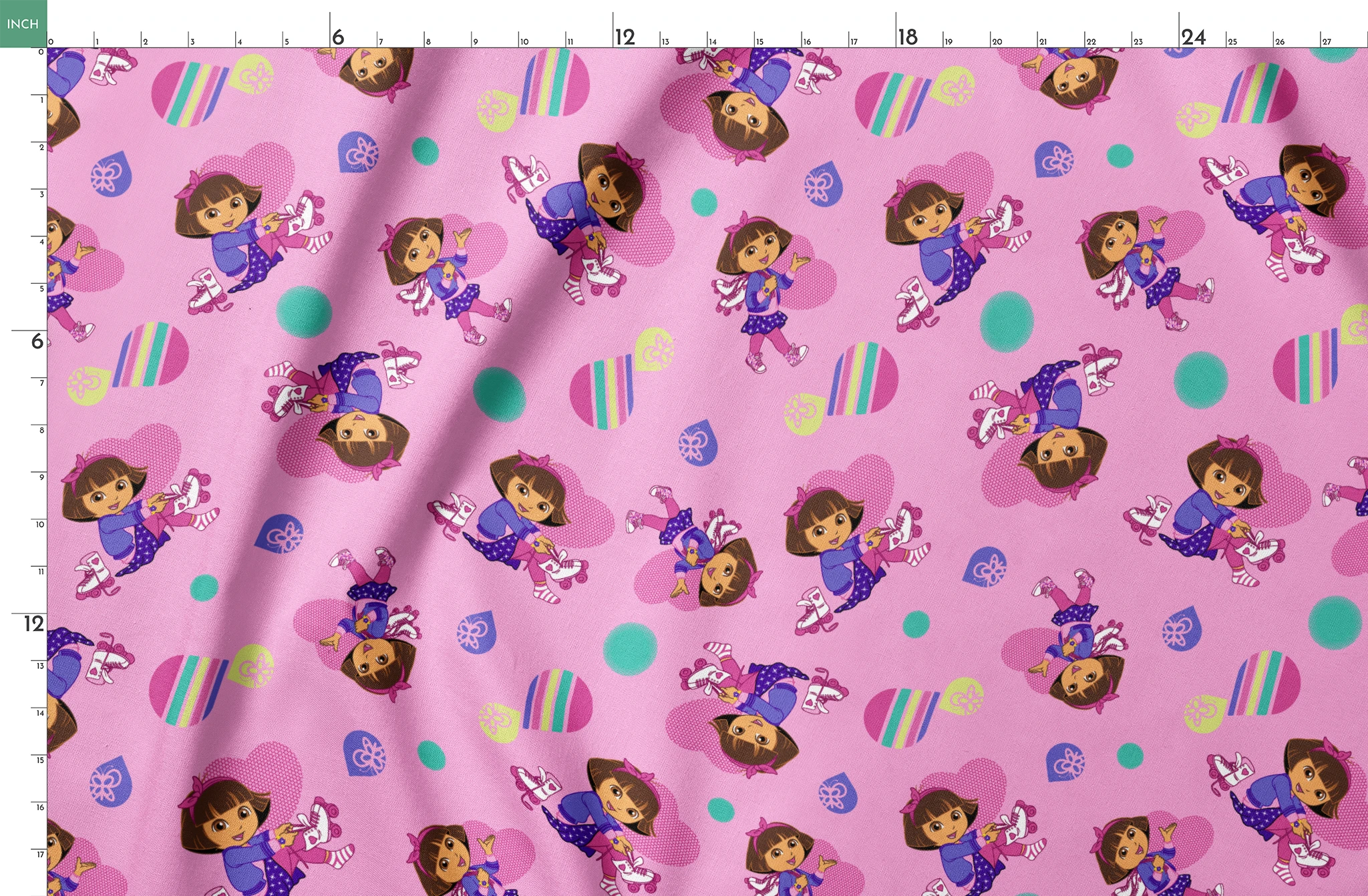 Dora the Explorer pattern with purple background, colorful polka dots and striped shapes springs fatquarter mockup