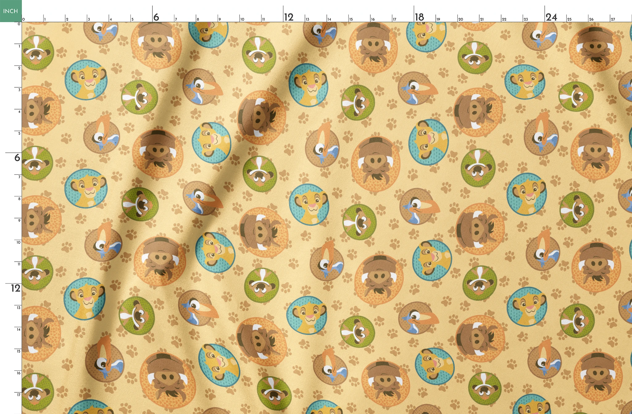 Cartoon animal faces in circular frames on beige background with paw prints - lion, monkey, dog, bird springs fatquarter mockup