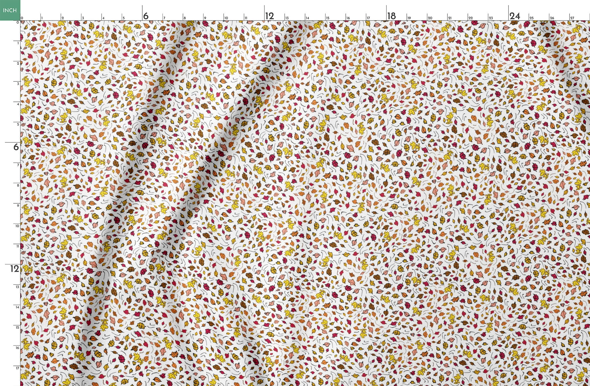 Colorful Peanuts autumn leaves pattern with Woodstock and yellow, red, and brown foliage scattered on white background springs fatquarter mockup