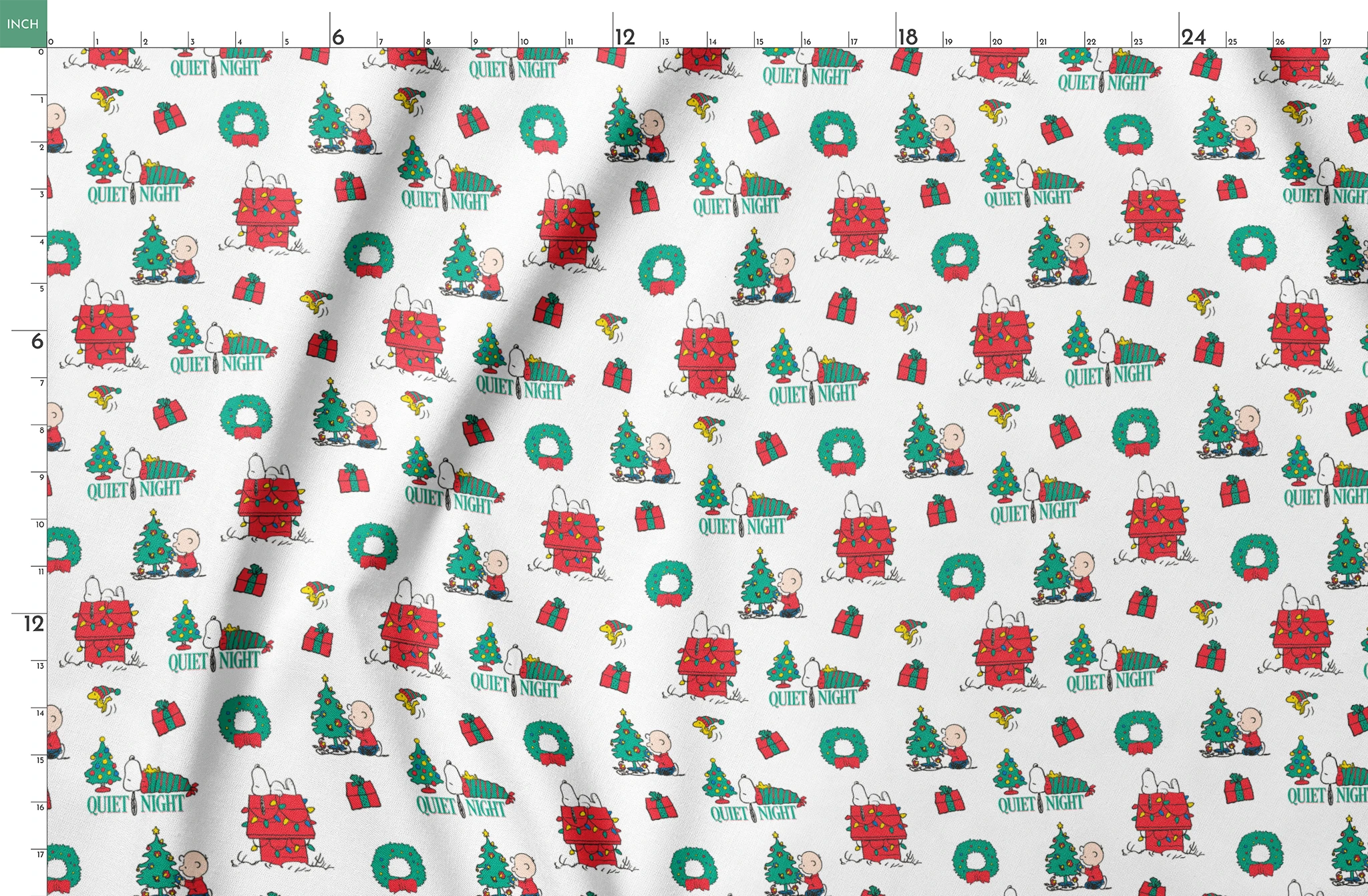 Peanuts Christmas pattern with Snoopy's decorated doghouse, trees, wreaths, and "Quiet Night" text springs fatquarter mockup