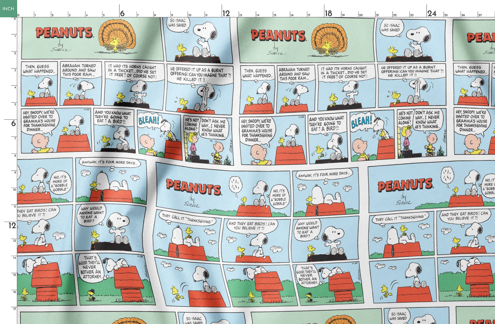 A Peanuts comic strip featuring Snoopy on his red doghouse, shown in multiple panels with Thanksgiving and food-related humor throughout the colorful Sunday format. springs fatquarter mockup