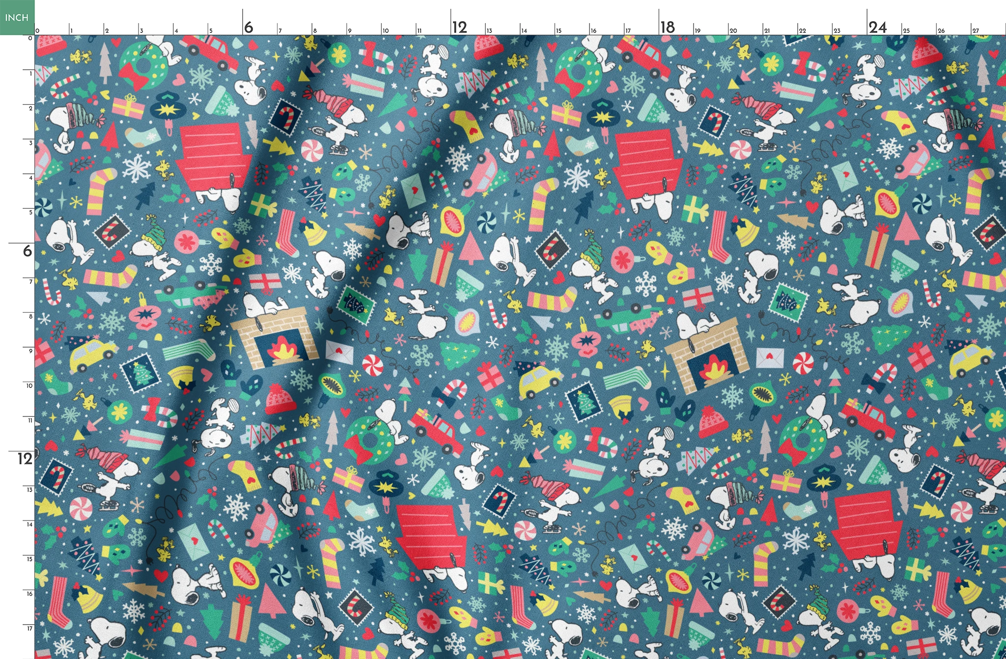 Colorful Peanuts Christmas pattern with festive icons, red mailboxes, presents, houses, and holiday symbols on teal background springs fatquarter mockup