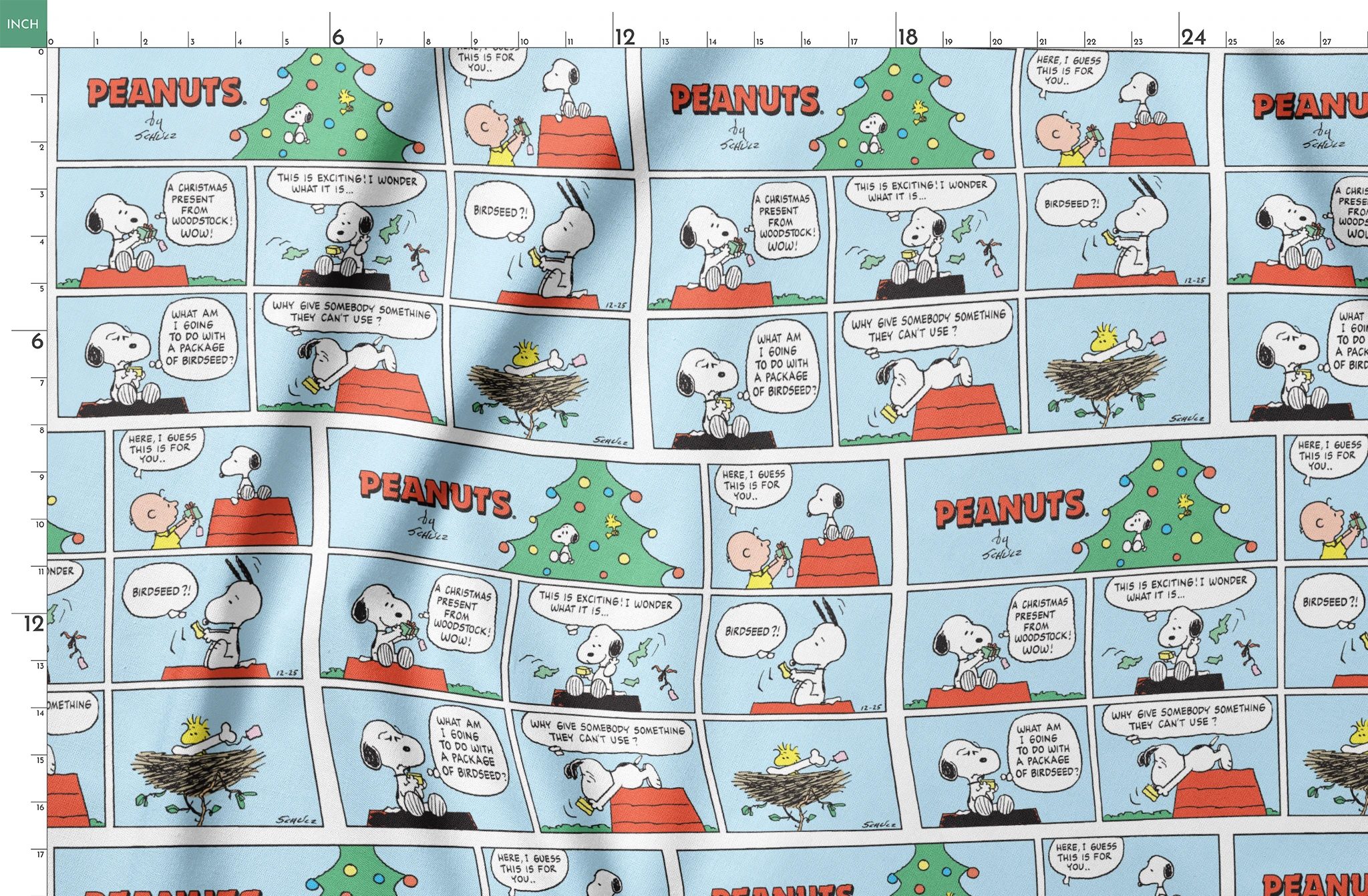 This is a Peanuts comic strip featuring Snoopy on his red doghouse with a Christmas tree visible. The panels show Snoopy preparing and decorating his doghouse for the holidays, with his yellow bird friend Woodstock appearing in a nest with Christmas lights. springs fatquarter mockup