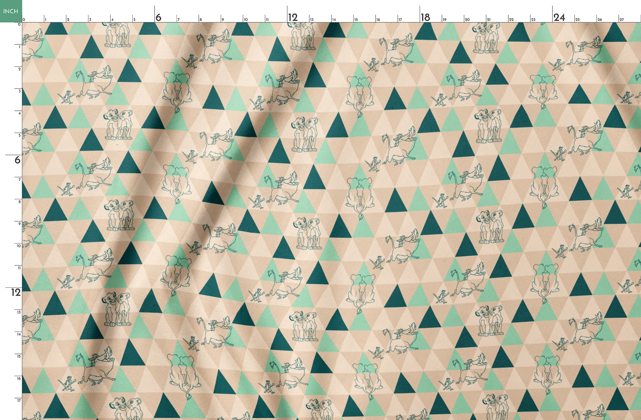 Geometric triangle pattern with stylized animal illustrations in teal and beige, featuring dogs, elephants, and other creatures. springs fatquarter mockup