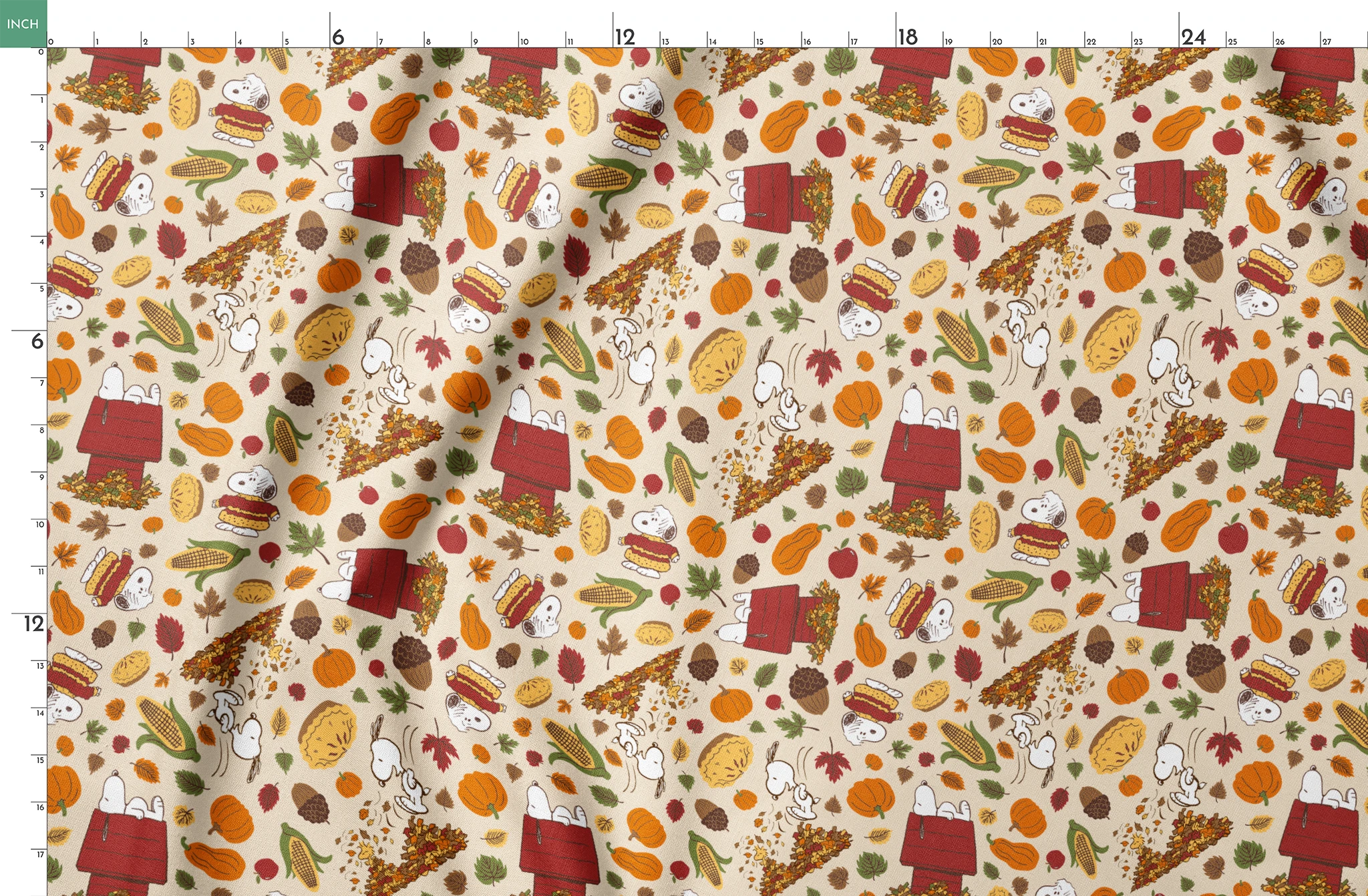 Fall themed pattern with Snoopy, red doghouses, pumpkins, corn, sandwiches, and autumn leaves on cream background springs fatquarter mockup