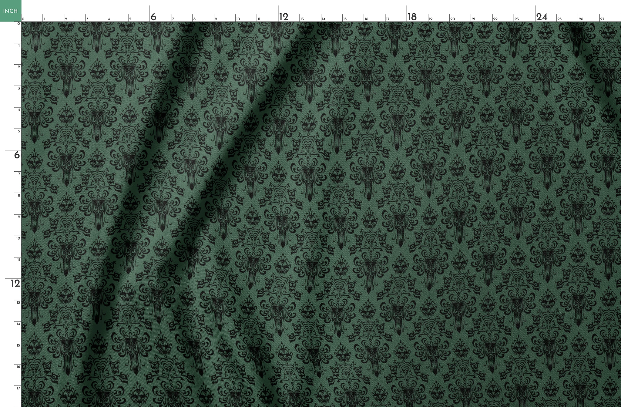 The image shows an elegant Victorian or Gothic-style damask pattern in black against a dark green background. The repeating ornate design features intricate scrollwork, flourishes, and symmetrical decorative elements arranged in a traditional wallpaper or textile pattern style. springs fatquarter mockup