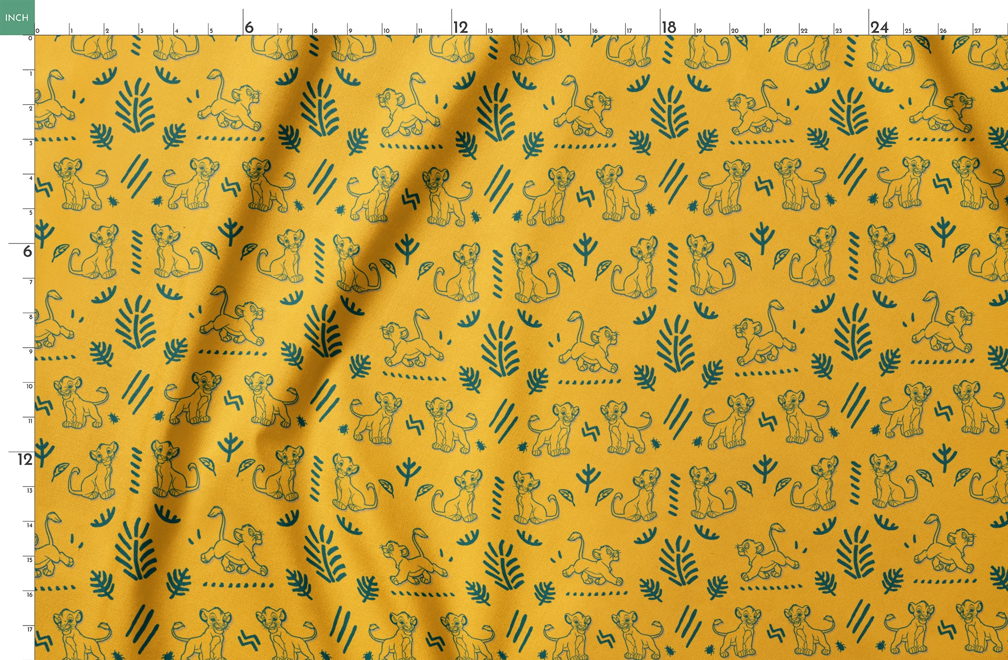 Pattern of cartoon lion cubs with green leaves and decorative elements on bright yellow background springs fatquarter mockup