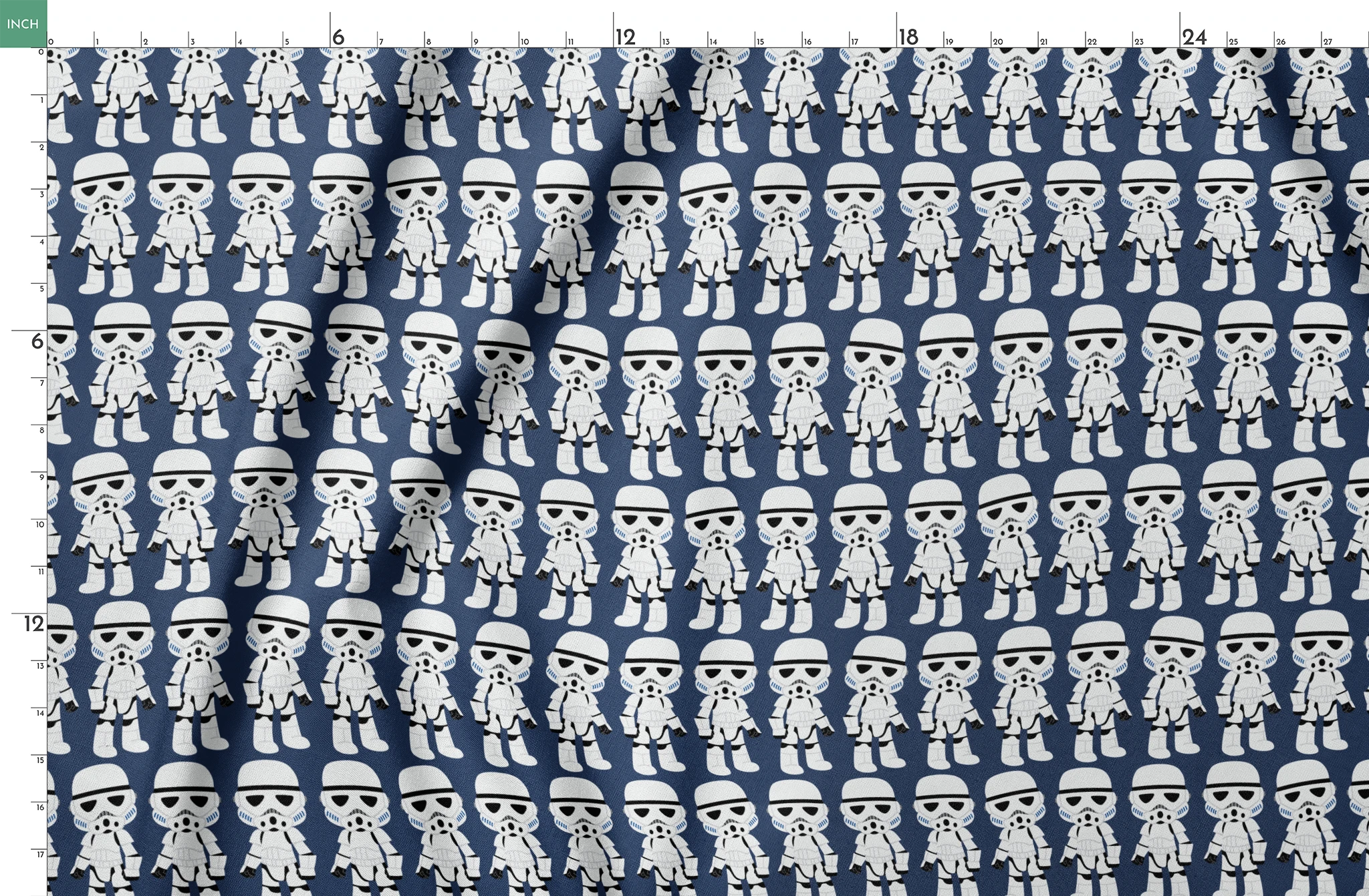 Repeated pattern of cartoon Stormtrooper characters in white armor against dark blue background springs fatquarter mockup